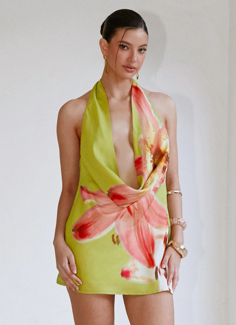 Varindra Cowl Mini Dress - Jungle Floral Chill Tones Outfit Combo