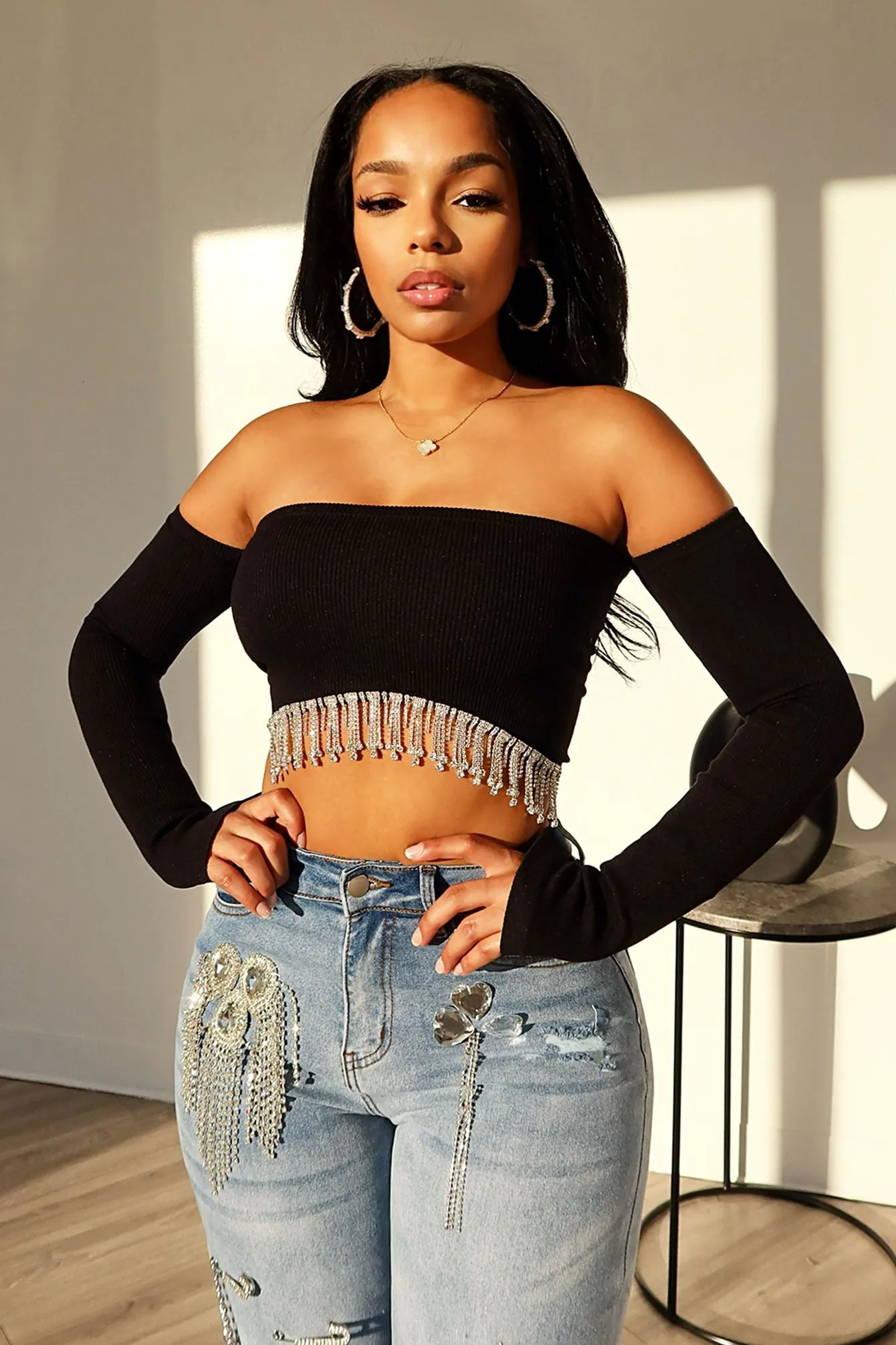 Microfiber Technology Divas Dancing Rhinestone Fringe Crop Top