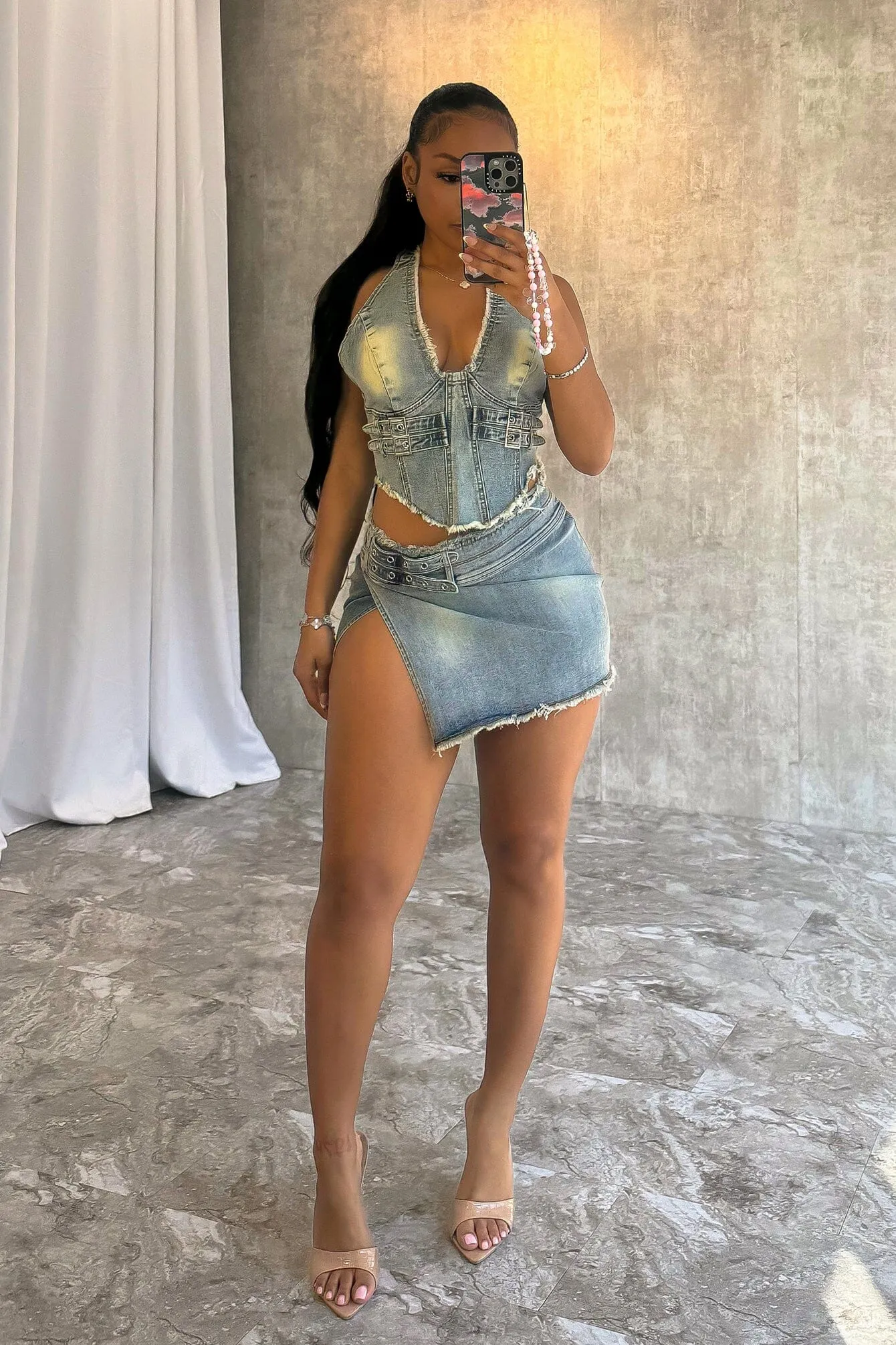 MultiPocket Configuration Harlem Denim Halter Top & Skirt SET