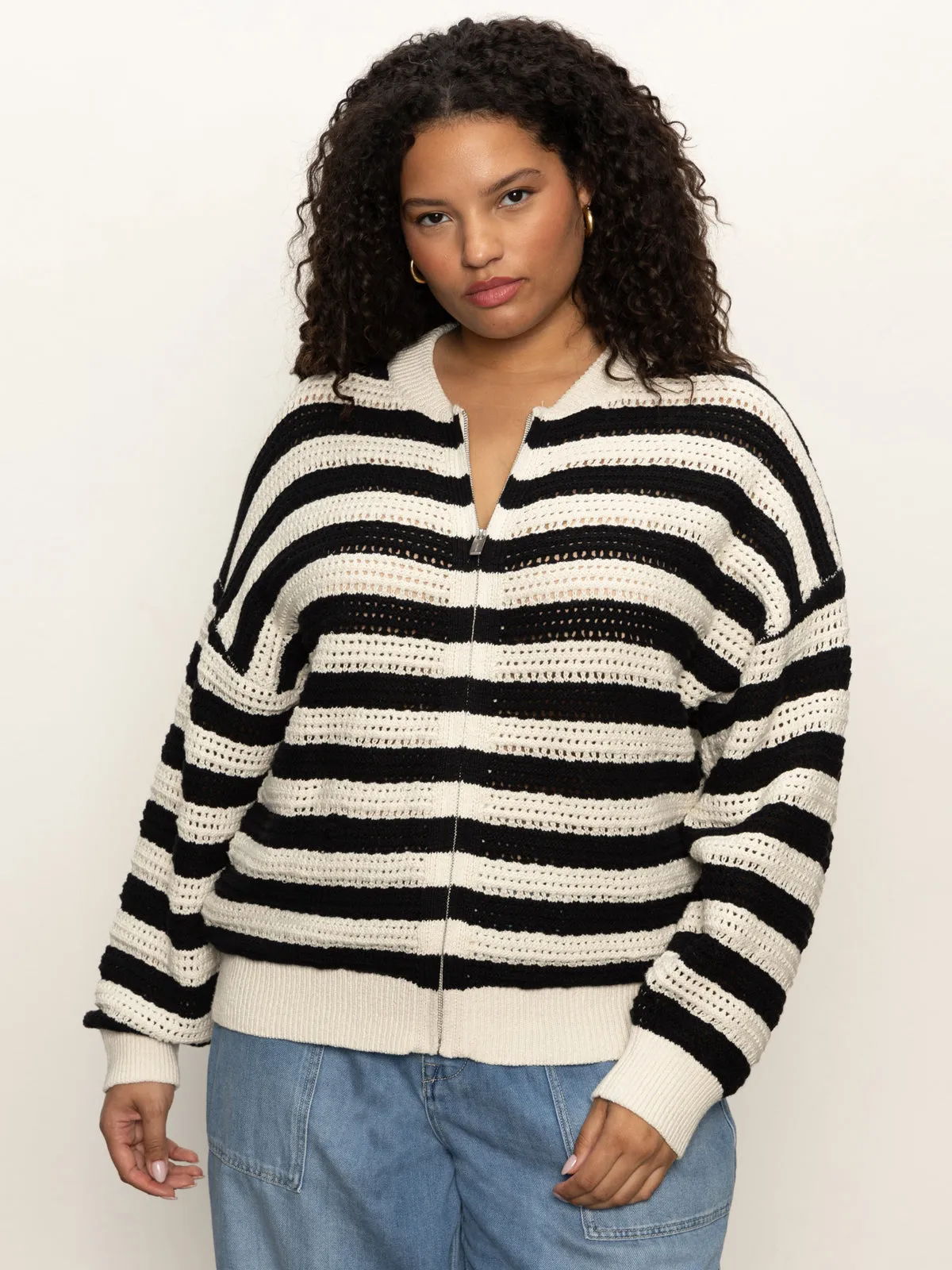 Open Knit Bomber Jacket Macrame Black Stripe Extended Sizing MultiPanelDesign