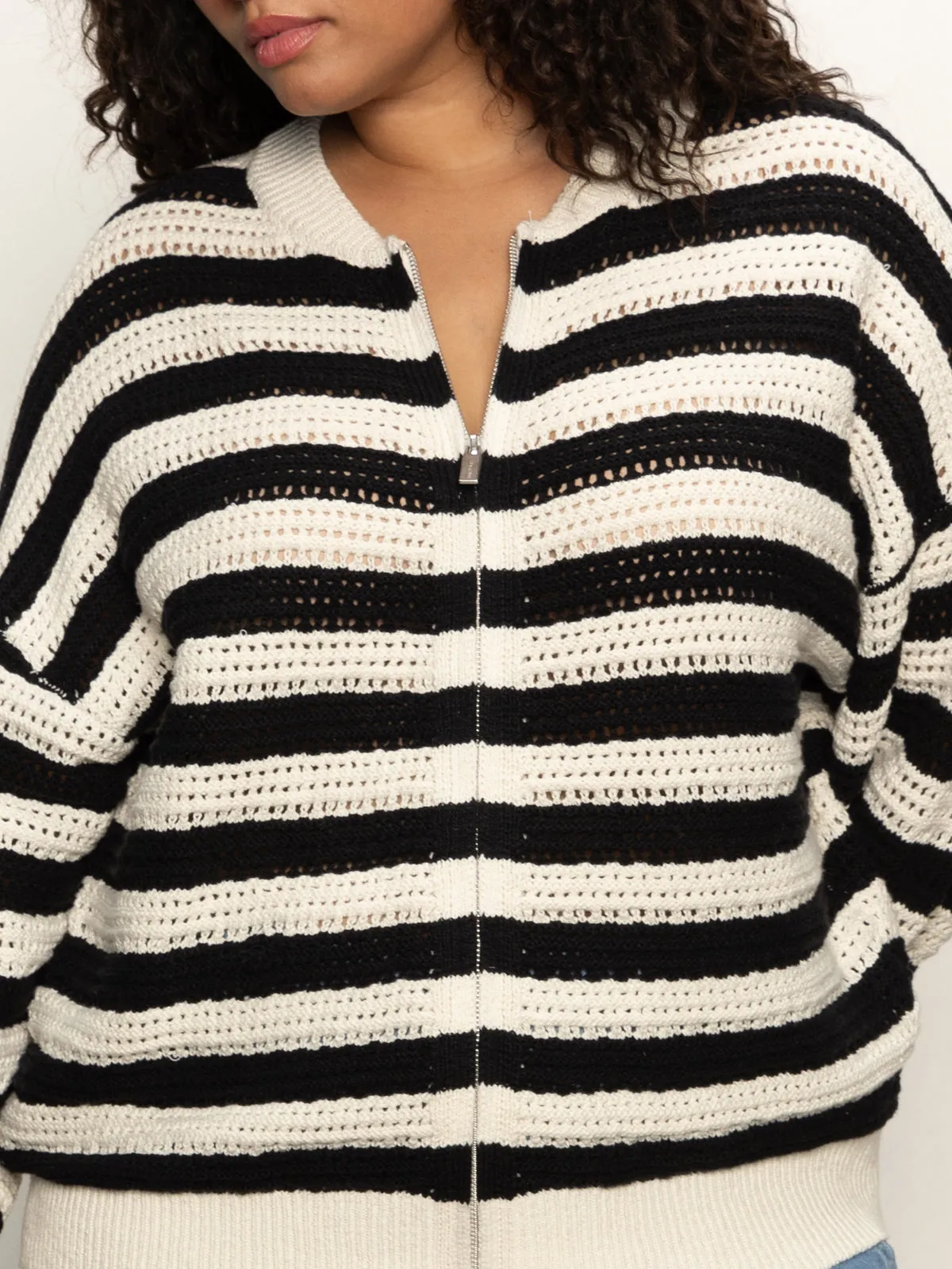 Open Knit Bomber Jacket Macrame Black Stripe Extended Sizing Rolled Hem Detailing