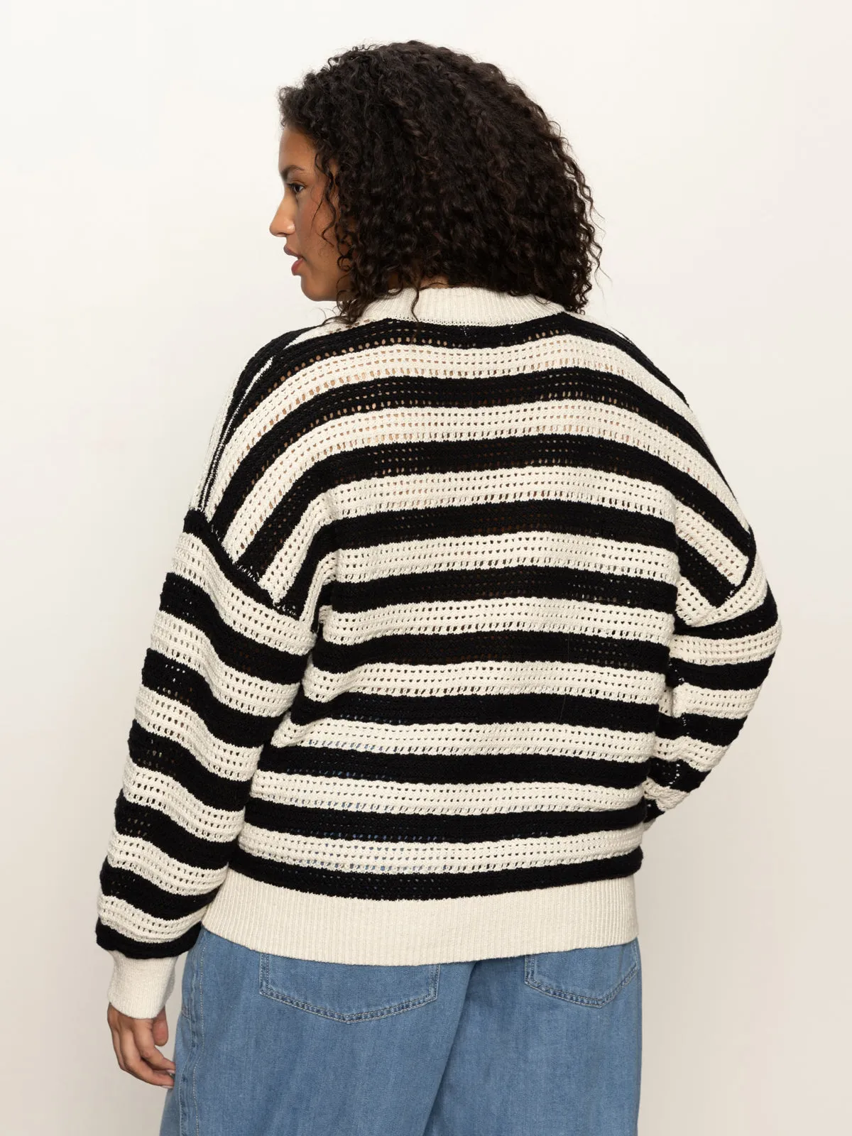 Casual Wear Reinforced Neckline Detail Open Knit Bomber Jacket Macrame Black Stripe Extended Sizing