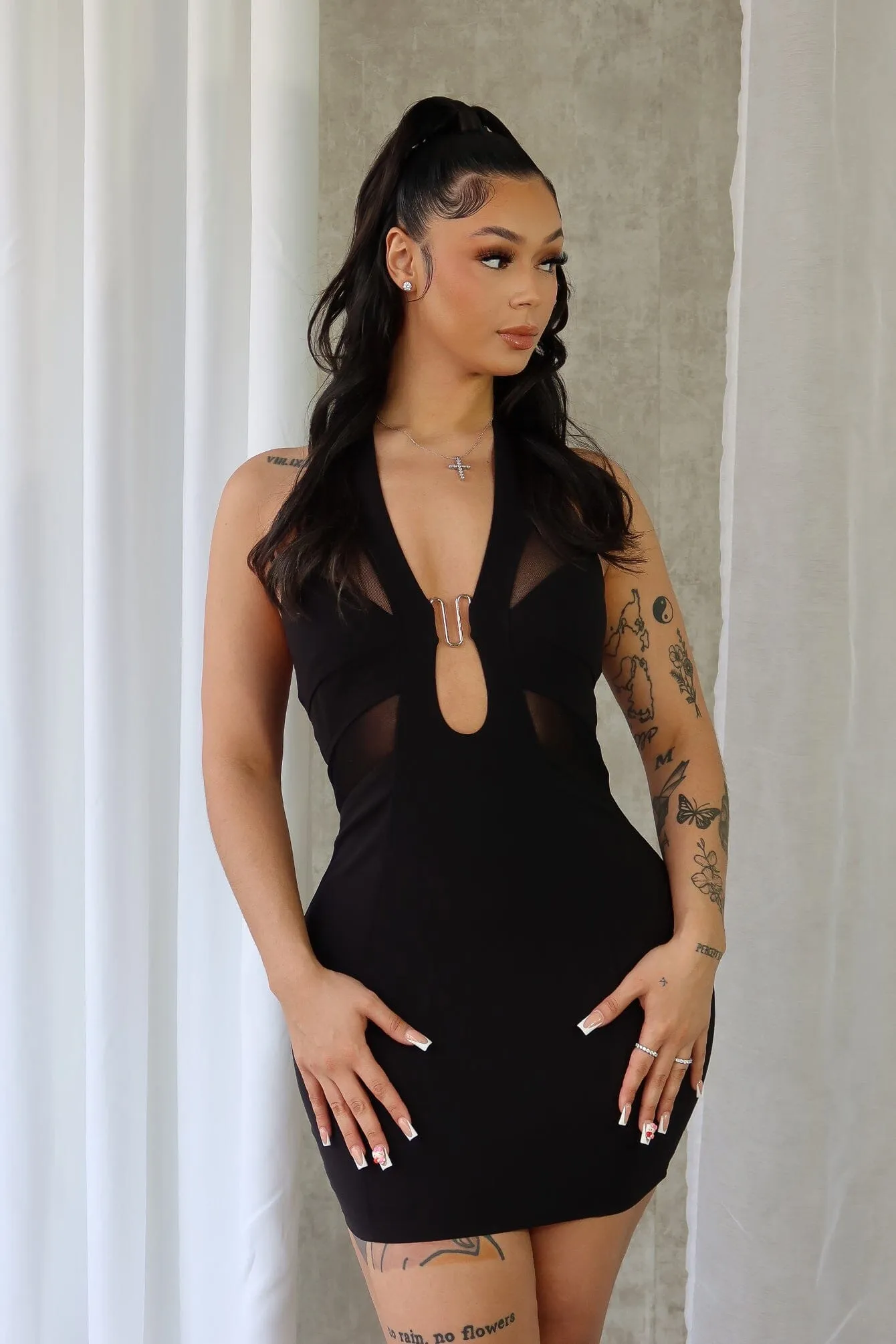 Spring-Season Dilara Halter Neck Metal Trim Mini Dress