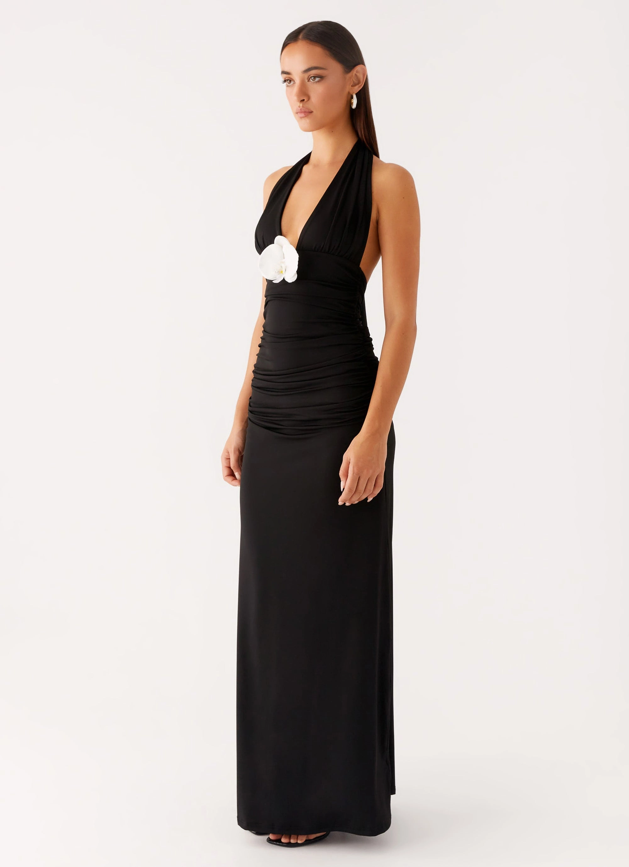 Adalie Halter Neck Midi Dress - Black Button Accent