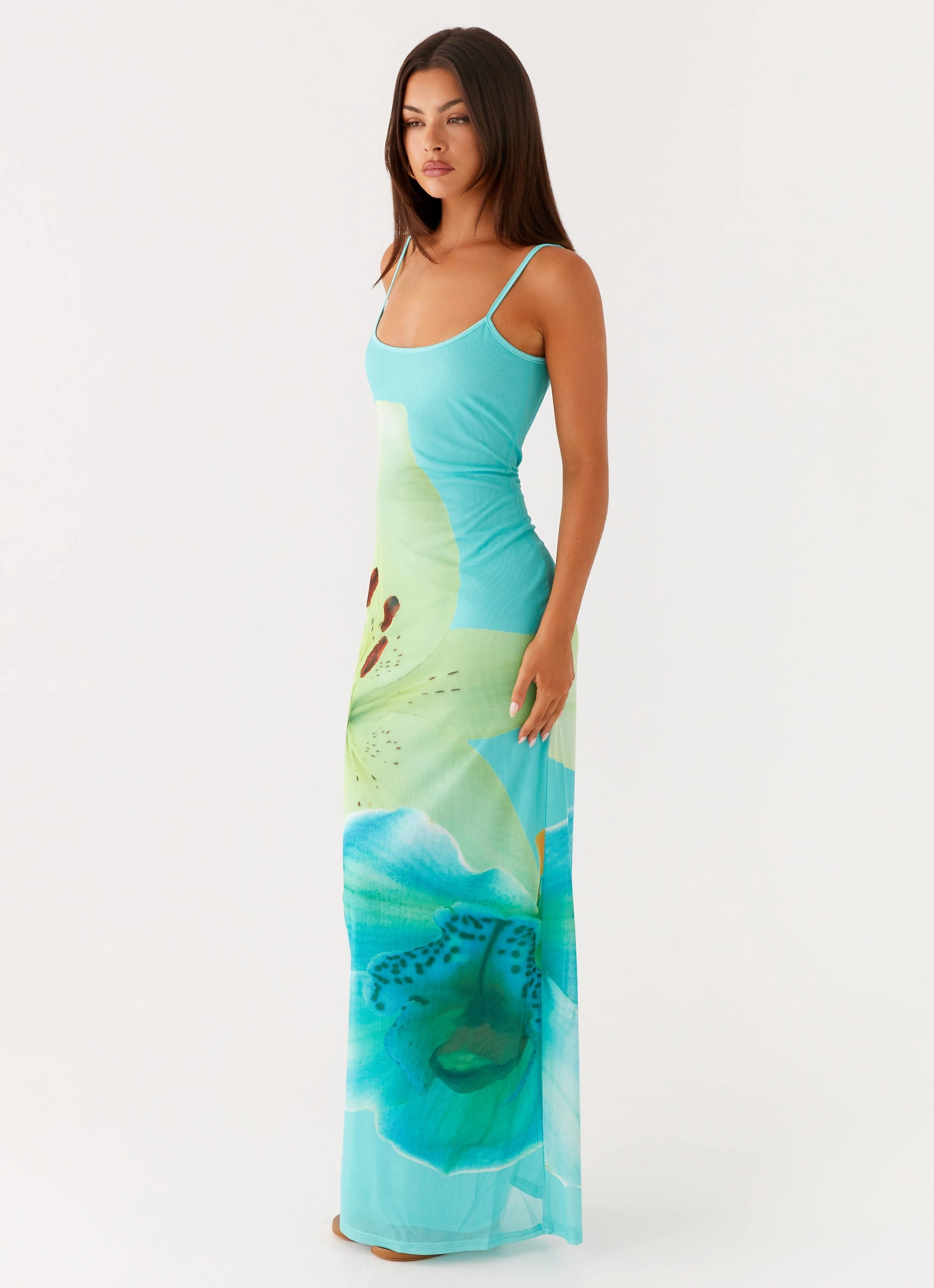 Loose Flow Polished Cut Bad News Mesh Maxi Dress - Turquoise Floral