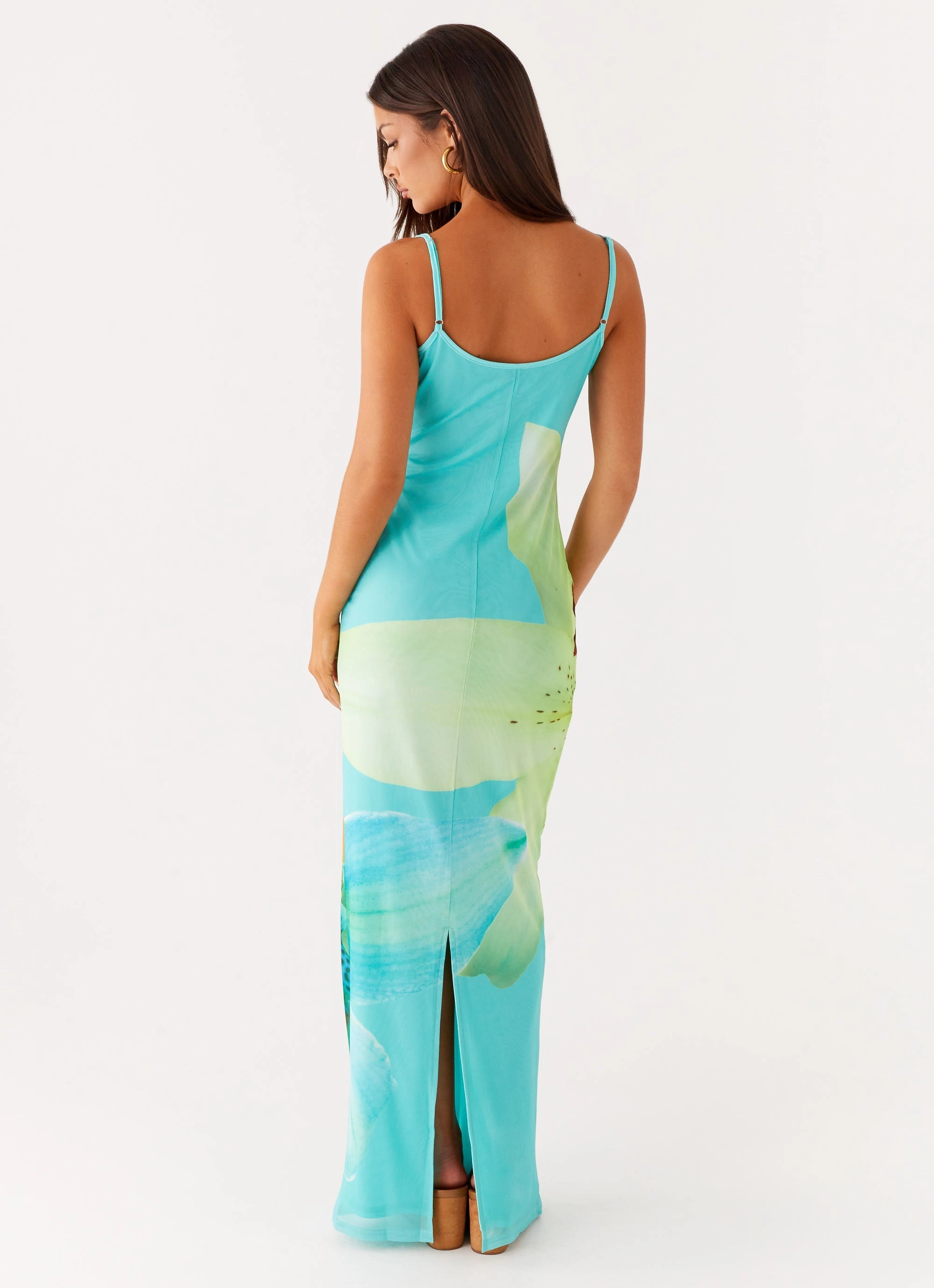 Halter-Neck WaterRepellentCoating Bad News Mesh Maxi Dress - Turquoise Floral