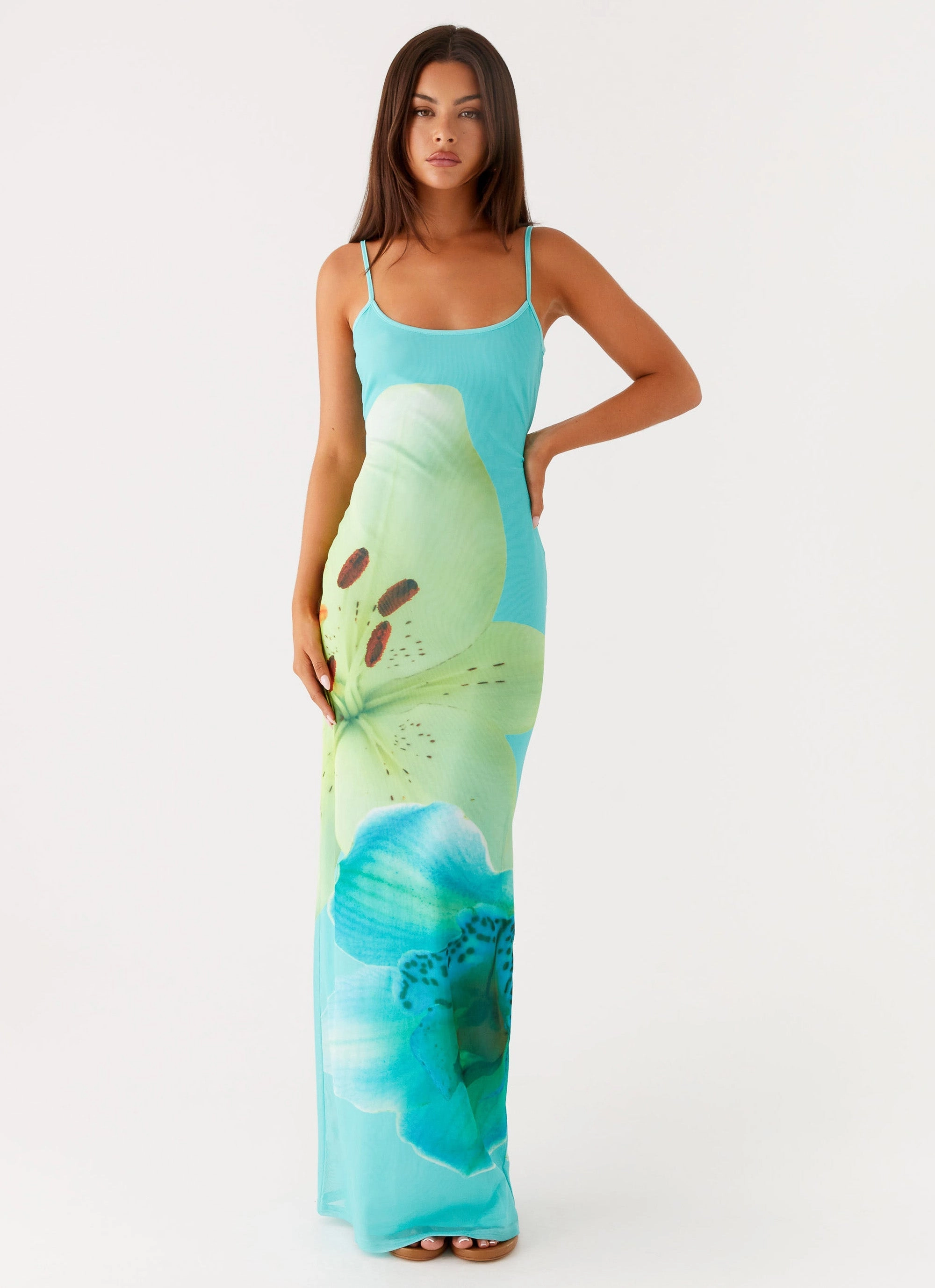 Bad News Mesh Maxi Dress - Turquoise Floral Event Favorite Tulle-Overlay