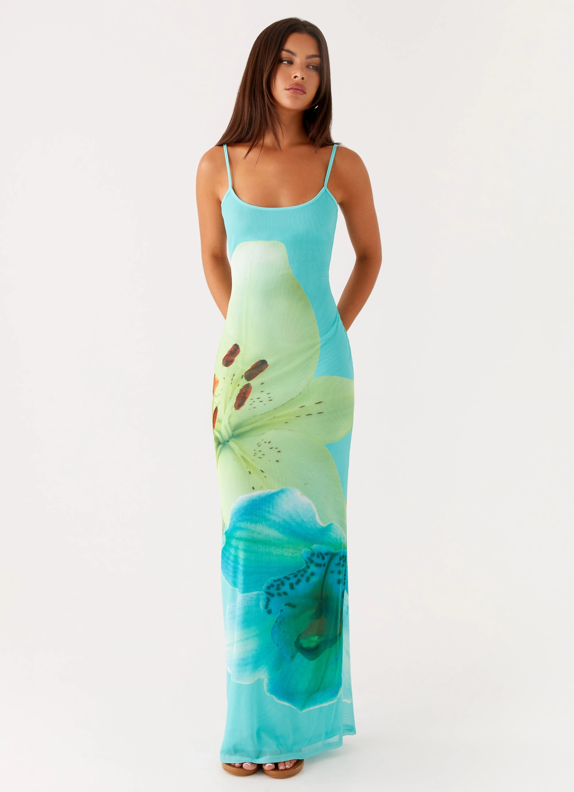 Bad News Mesh Maxi Dress - Turquoise Floral One Piece Look