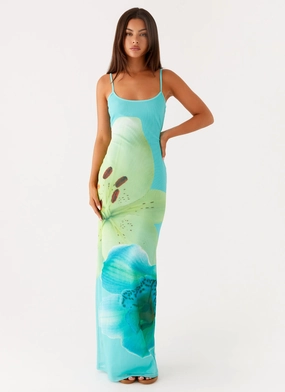 Bad News Mesh Maxi Dress - Turquoise Floral Event Favorite Tulle-Overlay