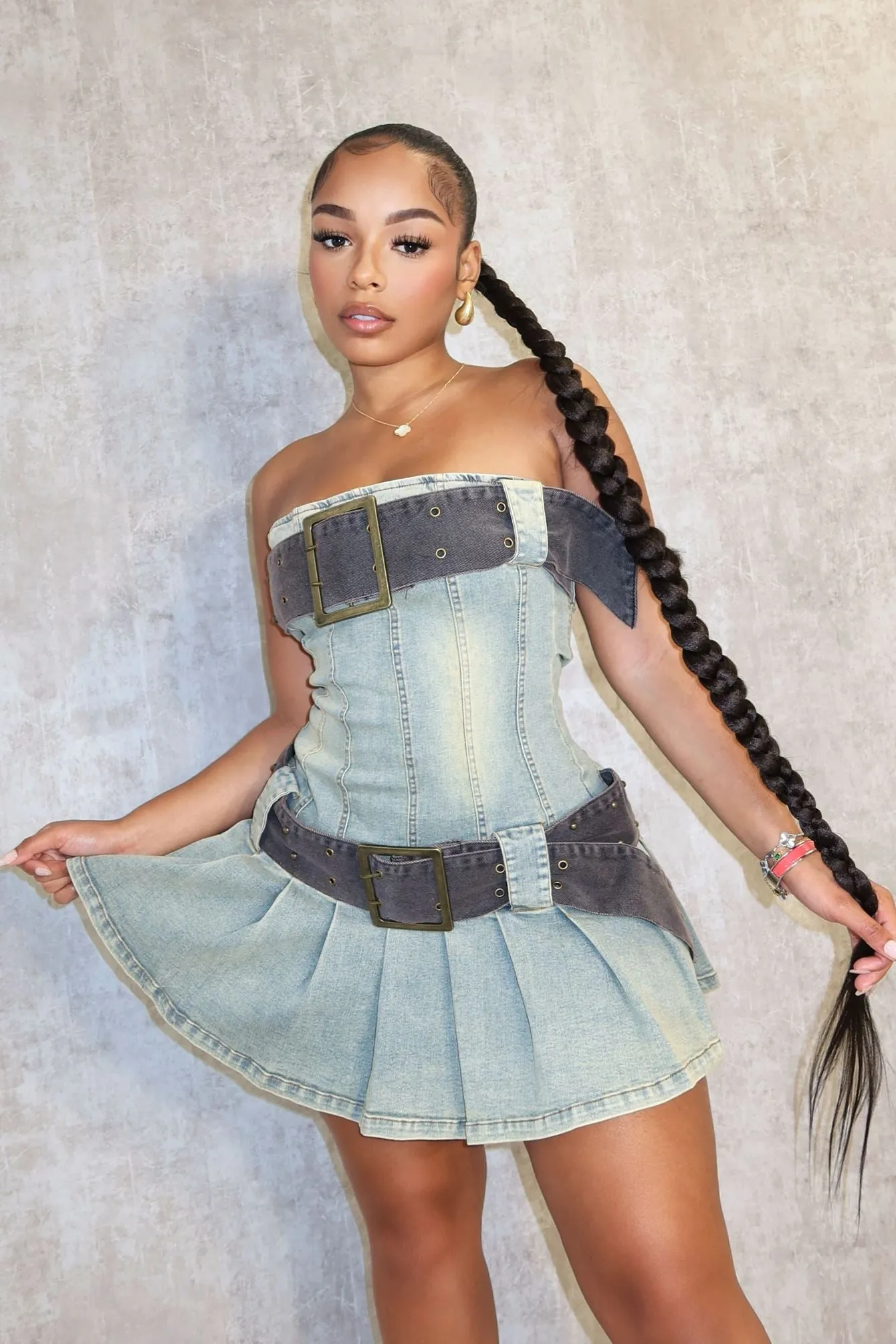 Vibrant Tone Vintage Chocolate Washed Denim Micro Dress