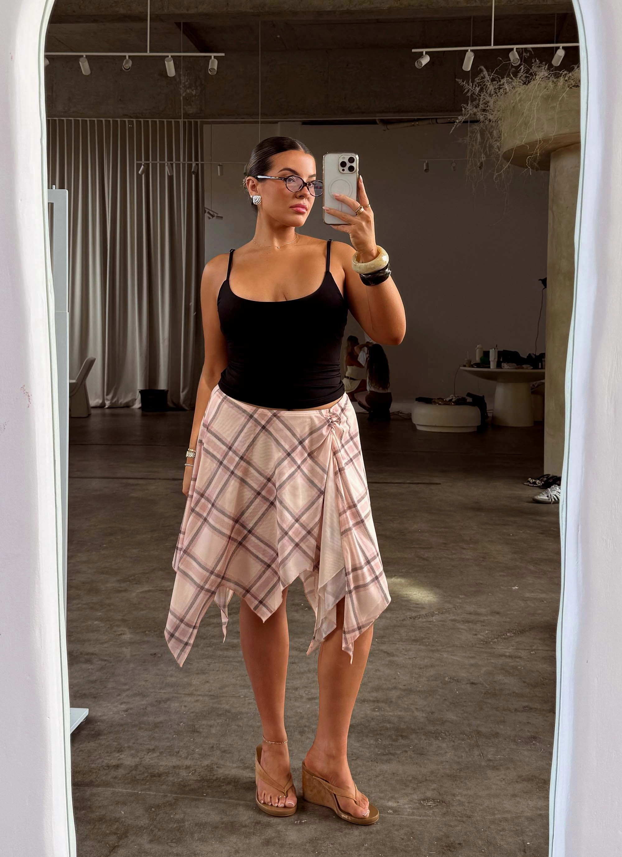 Bold Cut Fit Check Midi Skirt - Pink Check