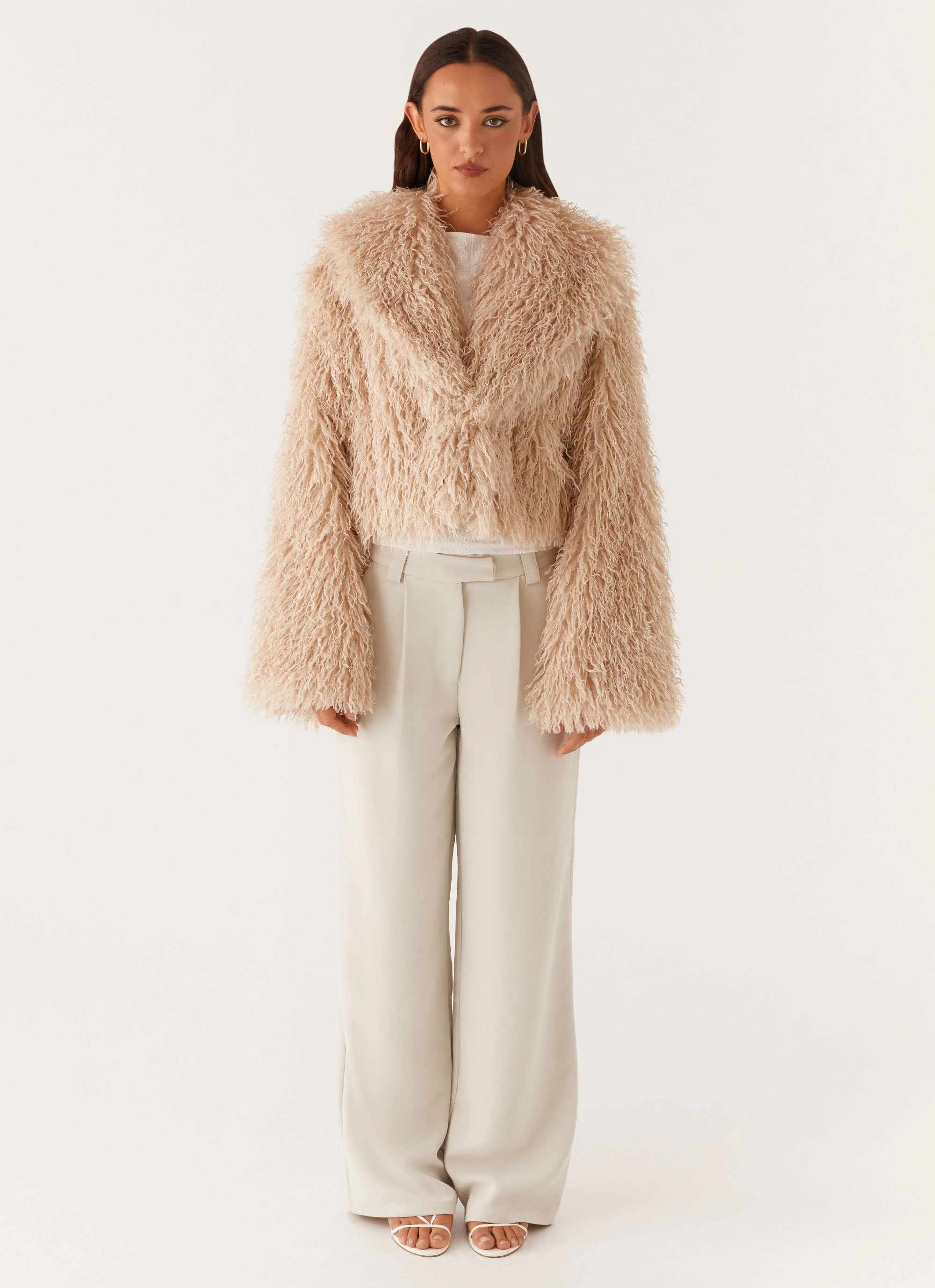 Taped Zipper Closures Affordable Virginia Cropped Fur Jacket - Taupe