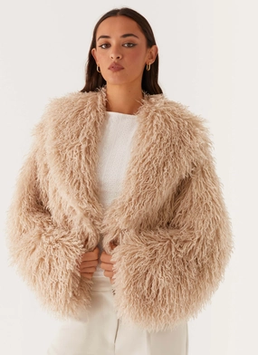 Virginia Cropped Fur Jacket - Taupe Articulated Sleeve Cut Casual Comfort