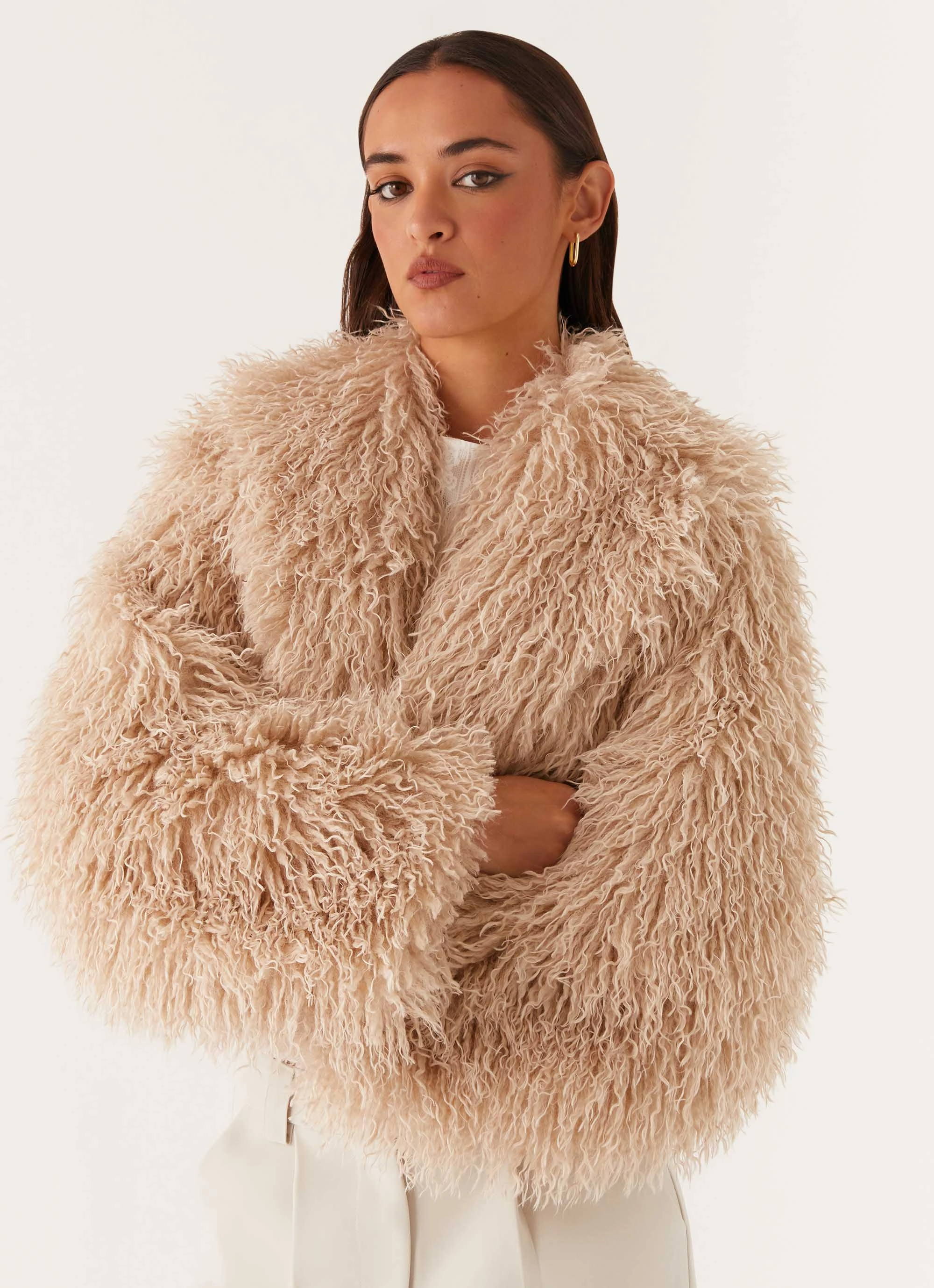 Virginia Cropped Fur Jacket - Taupe Slide