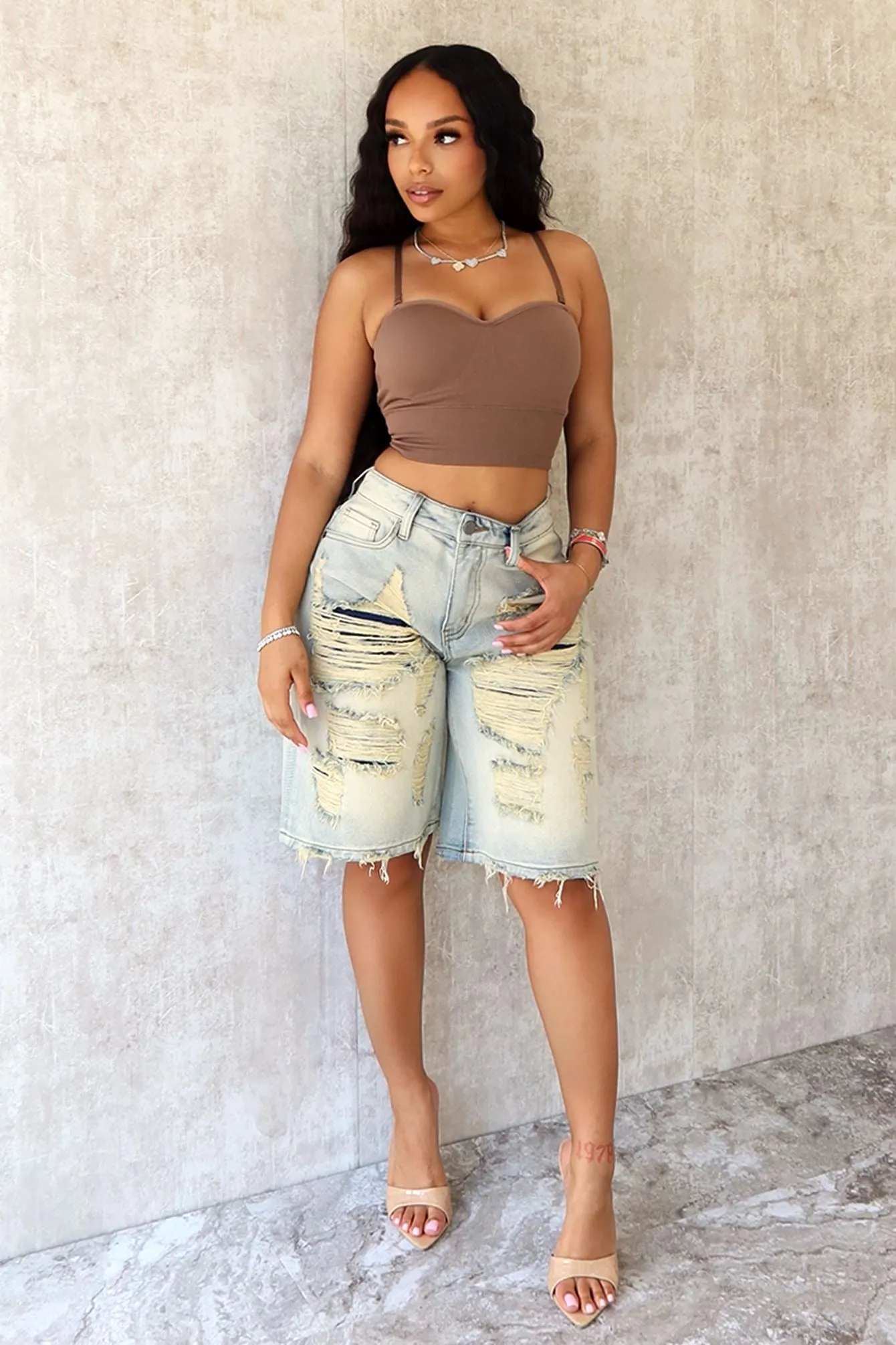 ethnic style Colorfast Treatment Viveca Distressed Bermuda Shorts