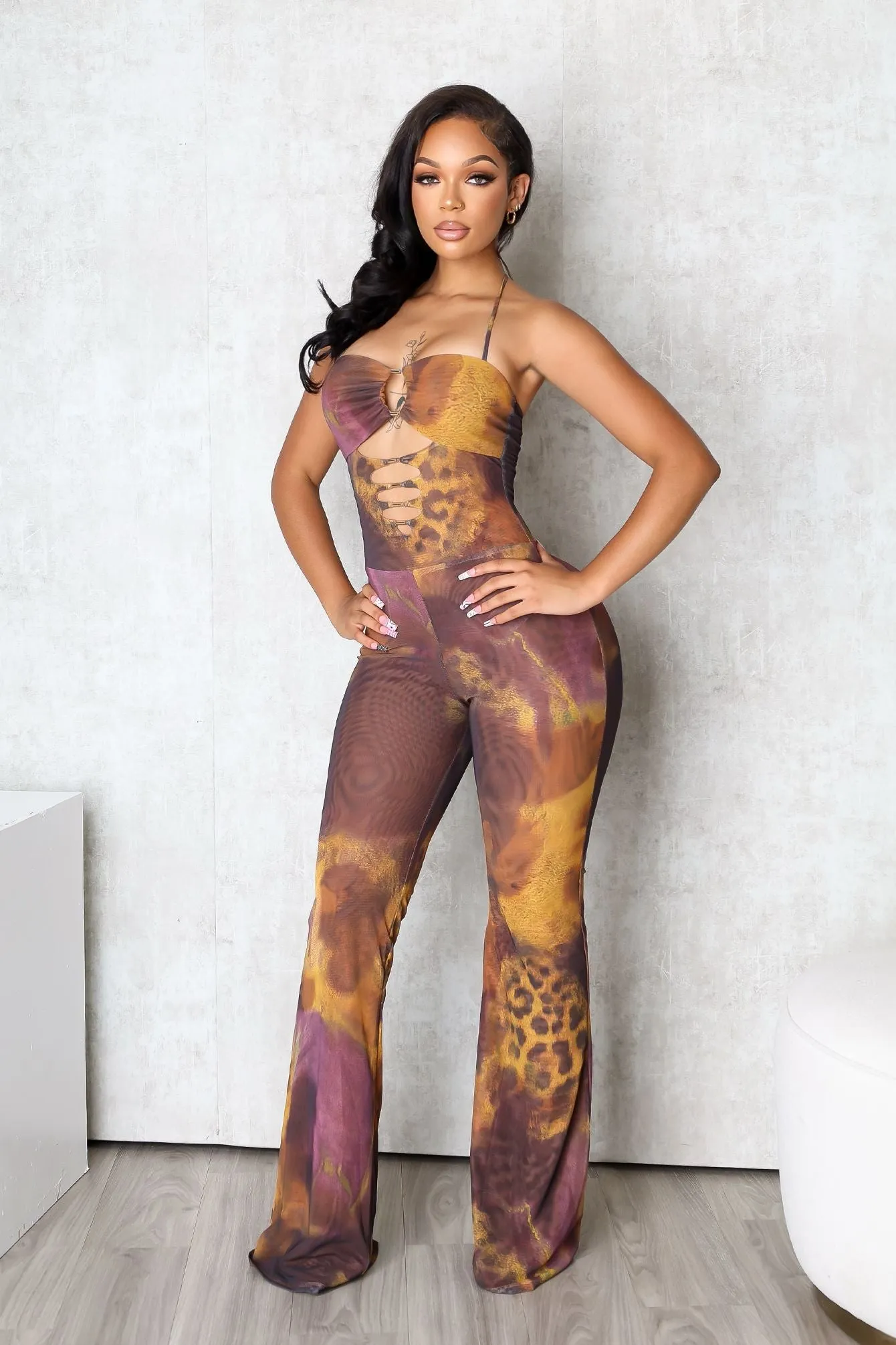 Smart Comfort Abrasion Resistant Fabric Volcanic Mesh Print Cut Out Jumpsuit