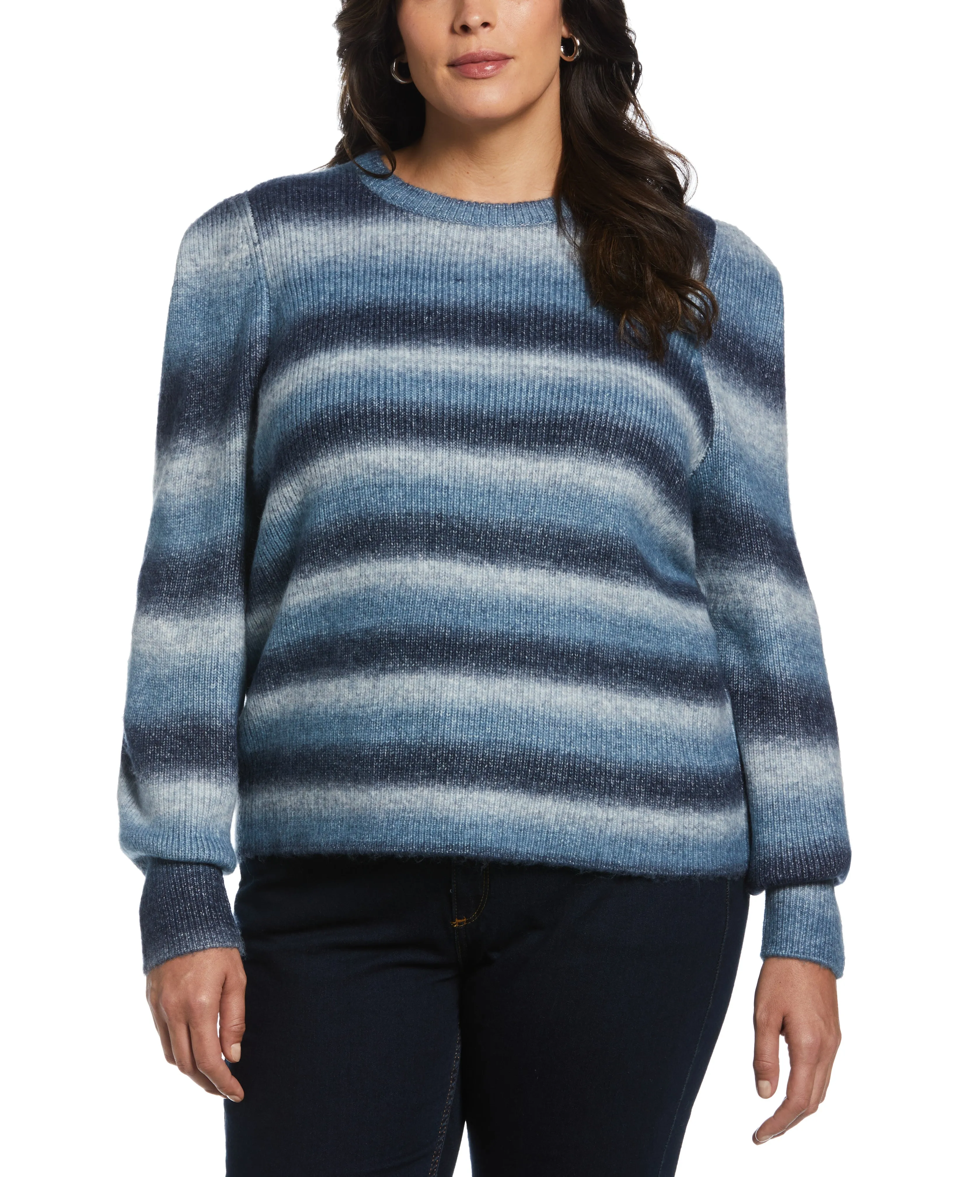 Plus Size Ombre Stripe Puff Sleeve Sweater HighNeckline