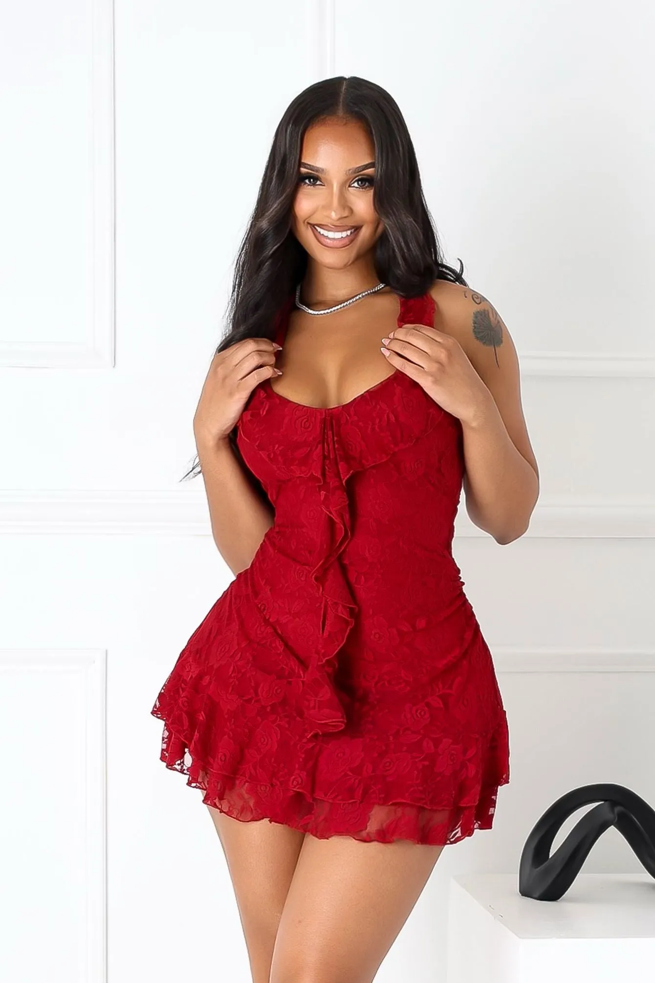 New York Roselace Halter Ruffle Mini Dress