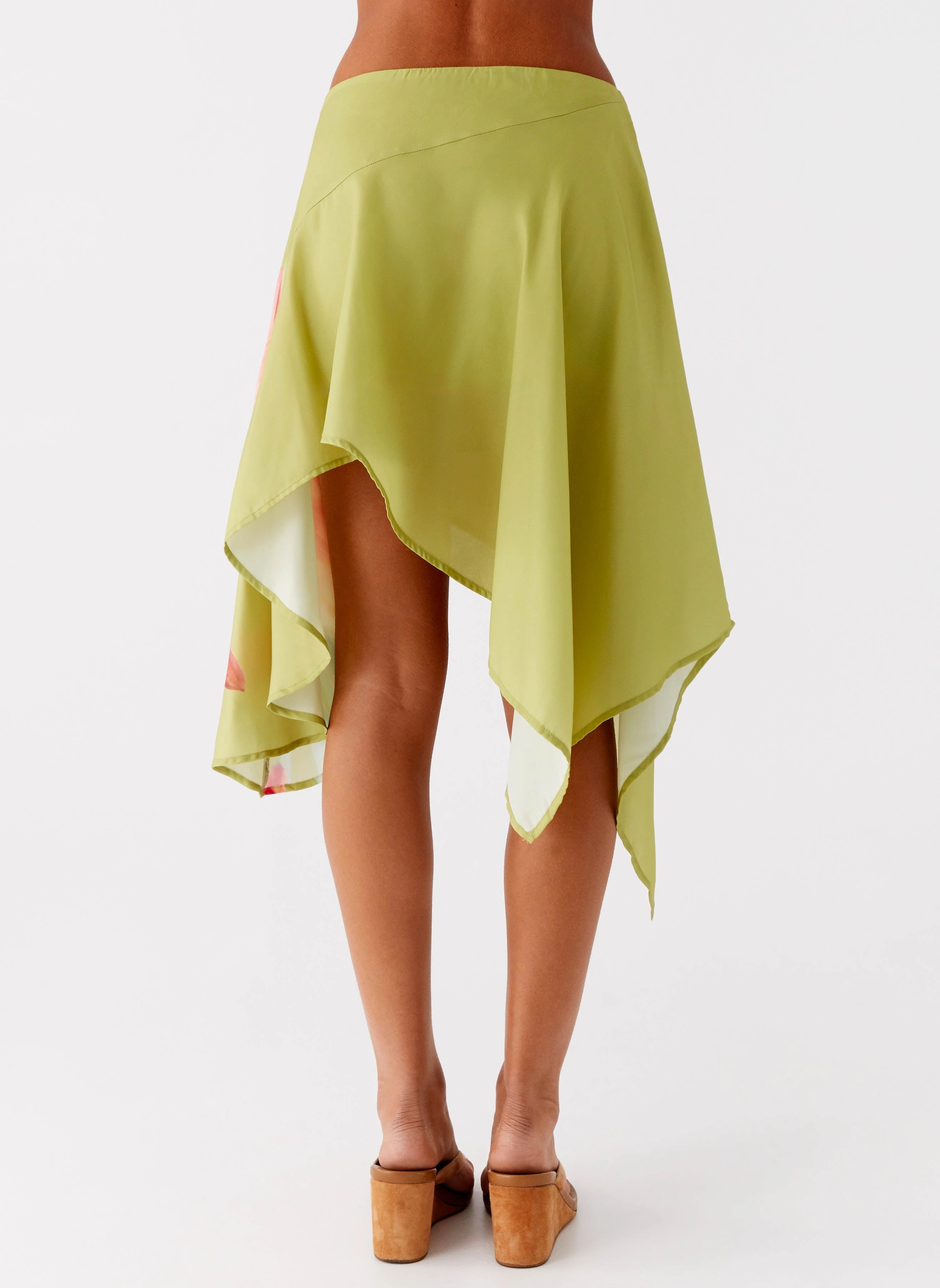Kia Low Rise Asymmetrical Midi Skirt - Jungle Floral Elasticized Cuff