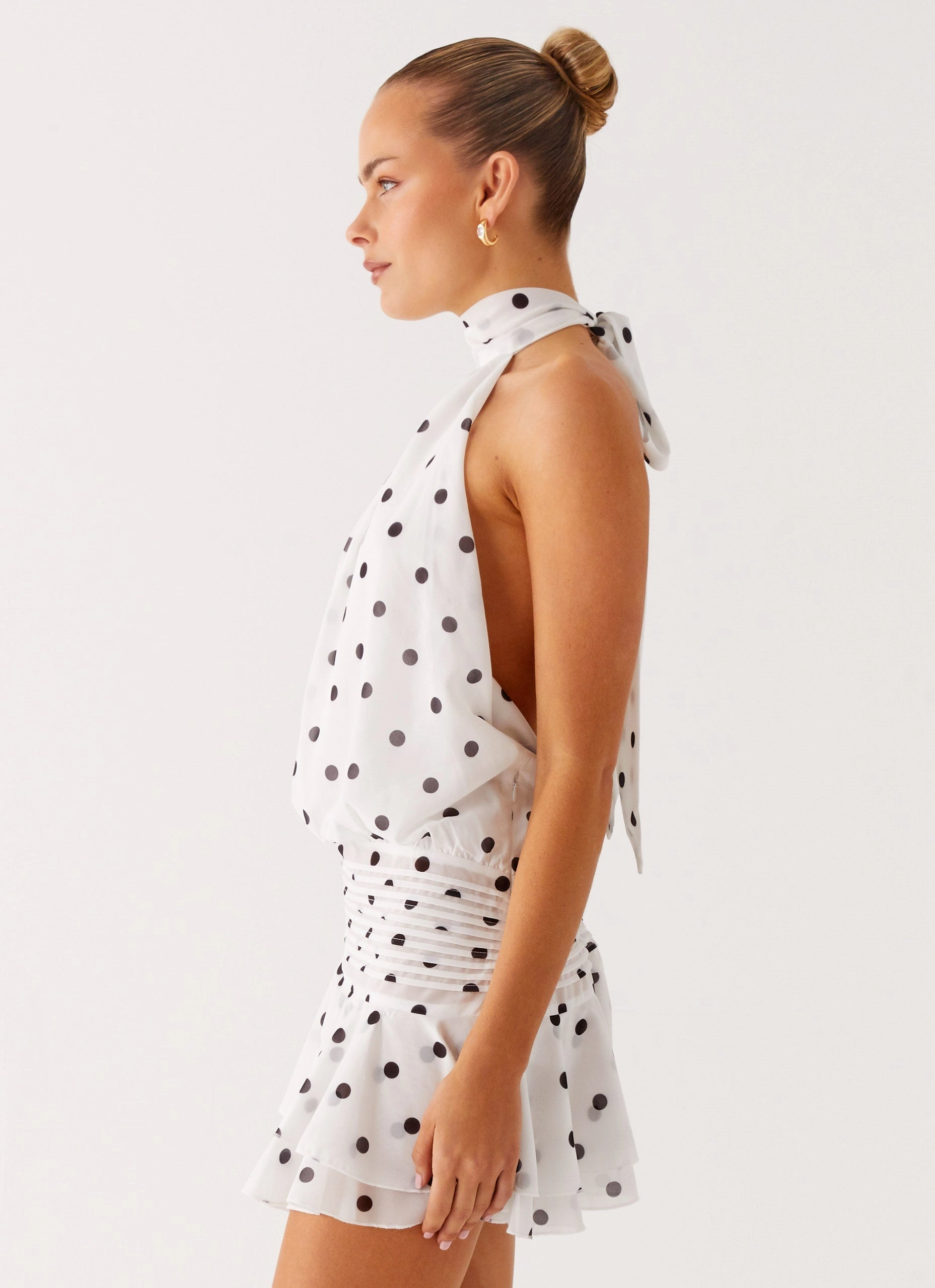 Willow Chiffon Mini Dress - White Polka Dot Secure Closure
