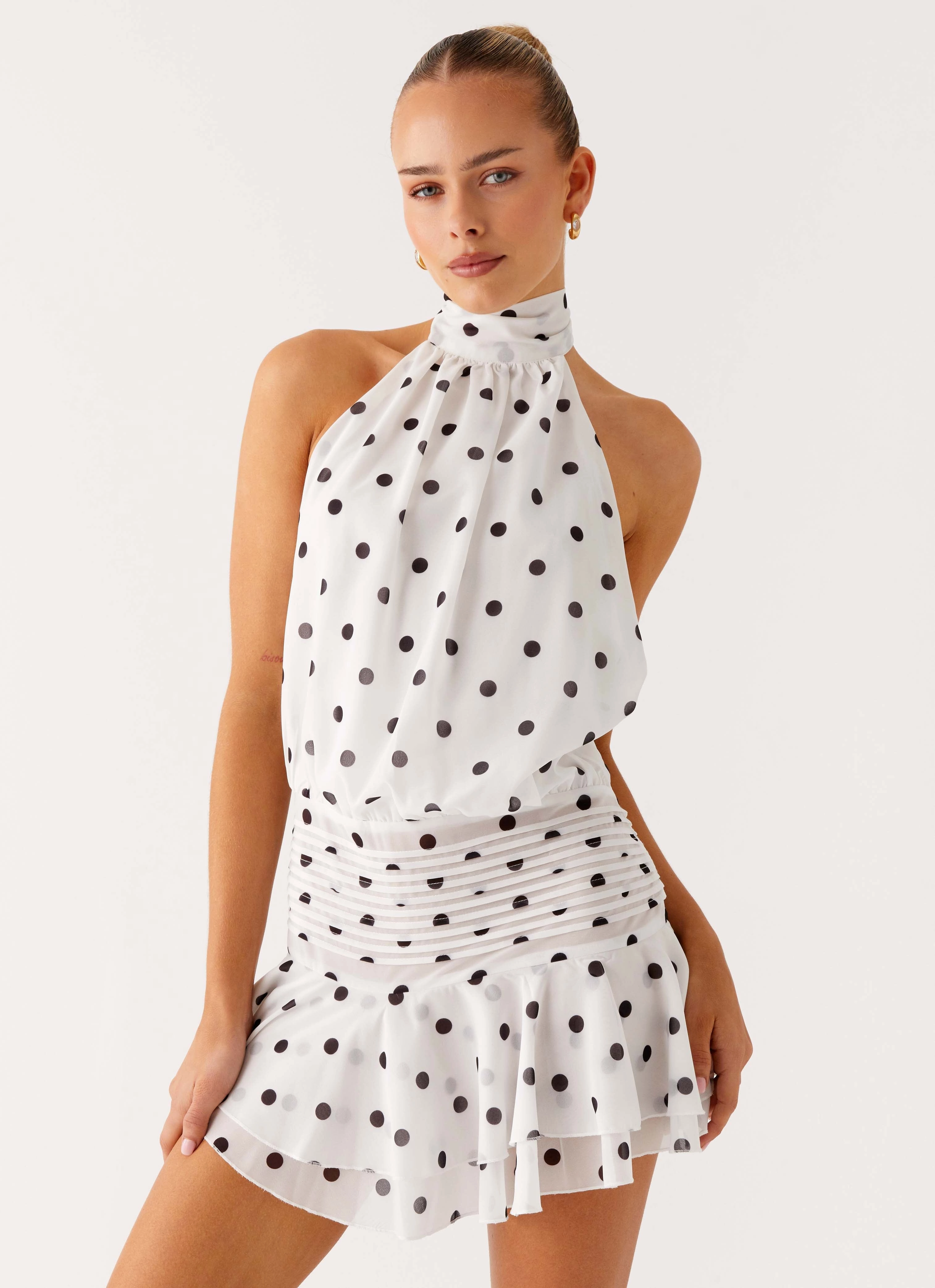 Urban Style Tonal Look Willow Chiffon Mini Dress - White Polka Dot