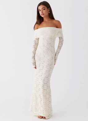 High-Neck Flowy-Shape Yours Always Lace Maxi Dress - Ivory