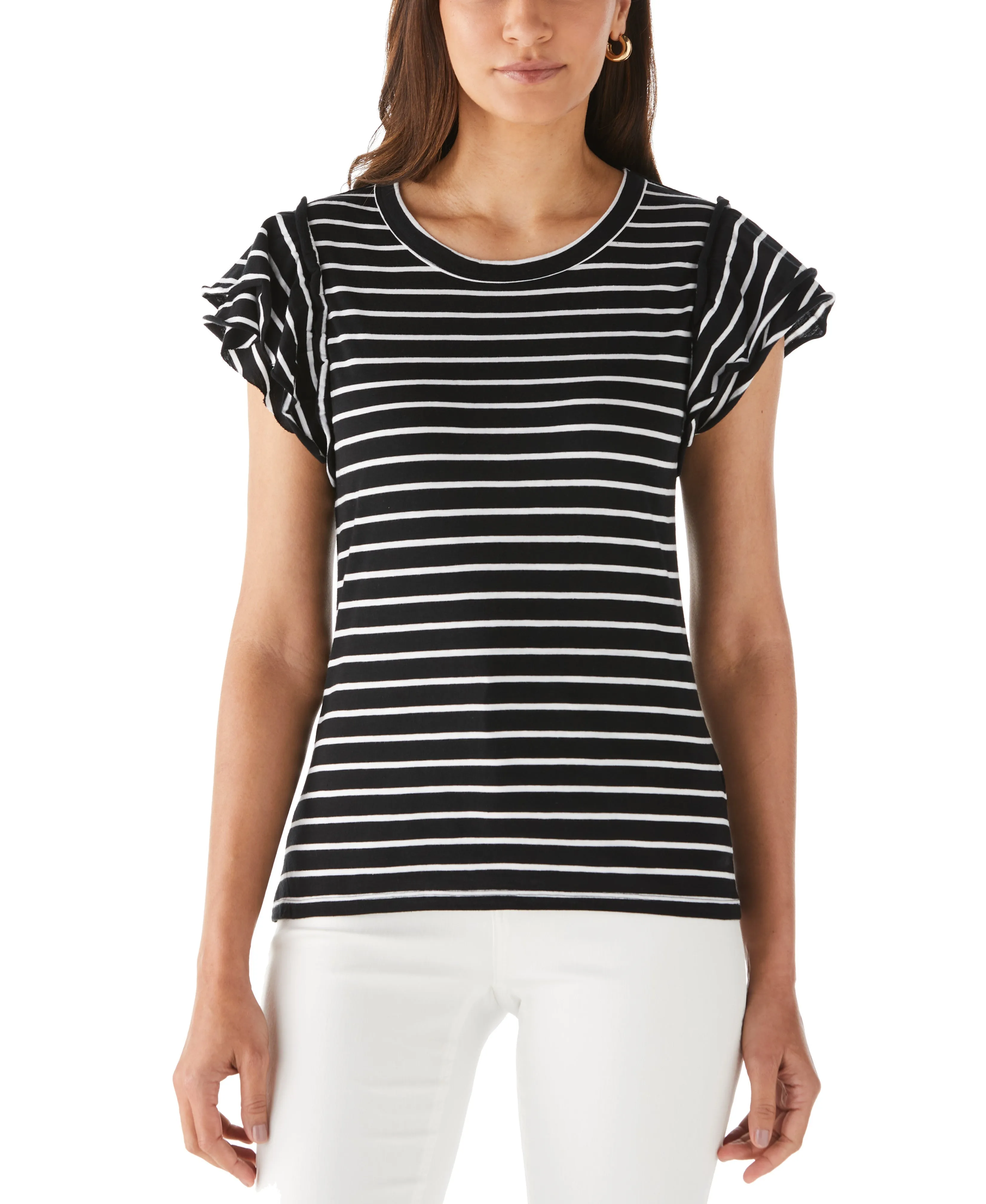 Garment Washed Finish Stripe Ruffle Sleeve Tee