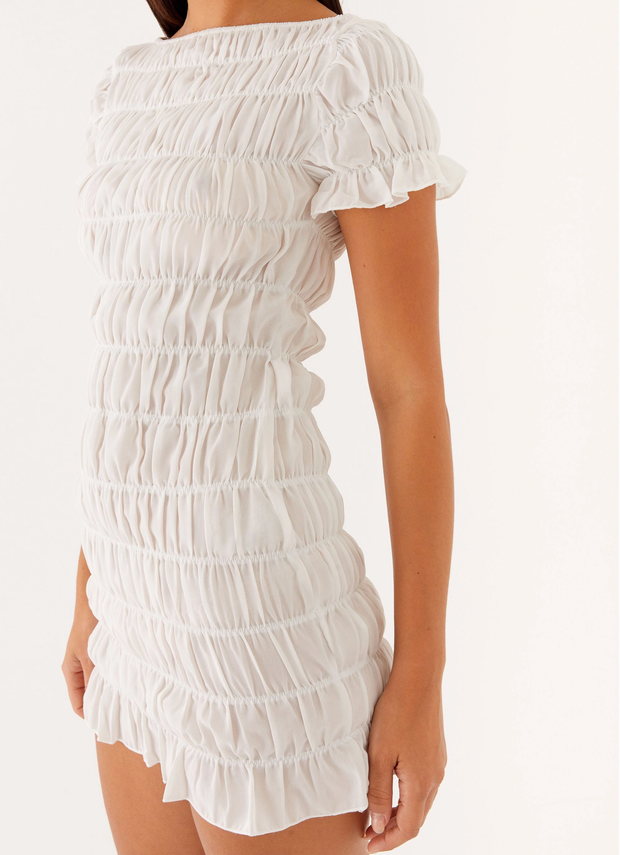 Rita Ruched Mini Dress - White Mid Length Weighted Hem
