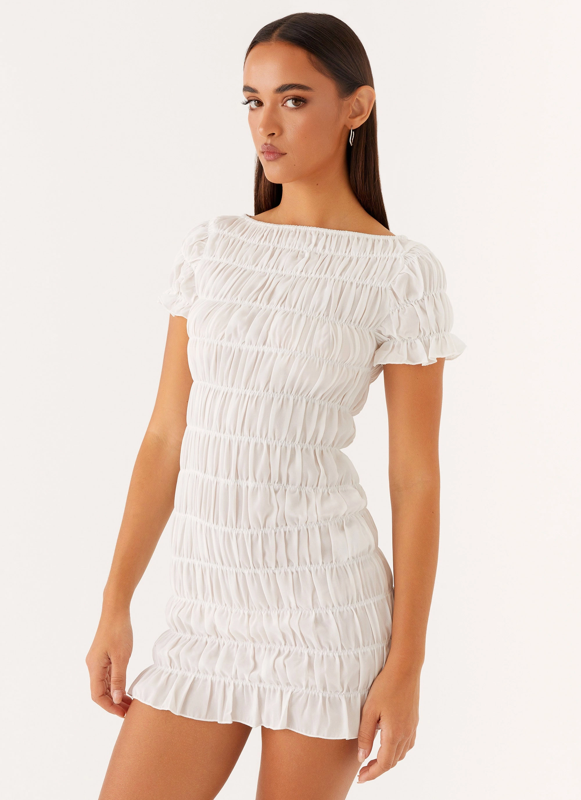 Wedding guest Tiered Layers Rita Ruched Mini Dress - White
