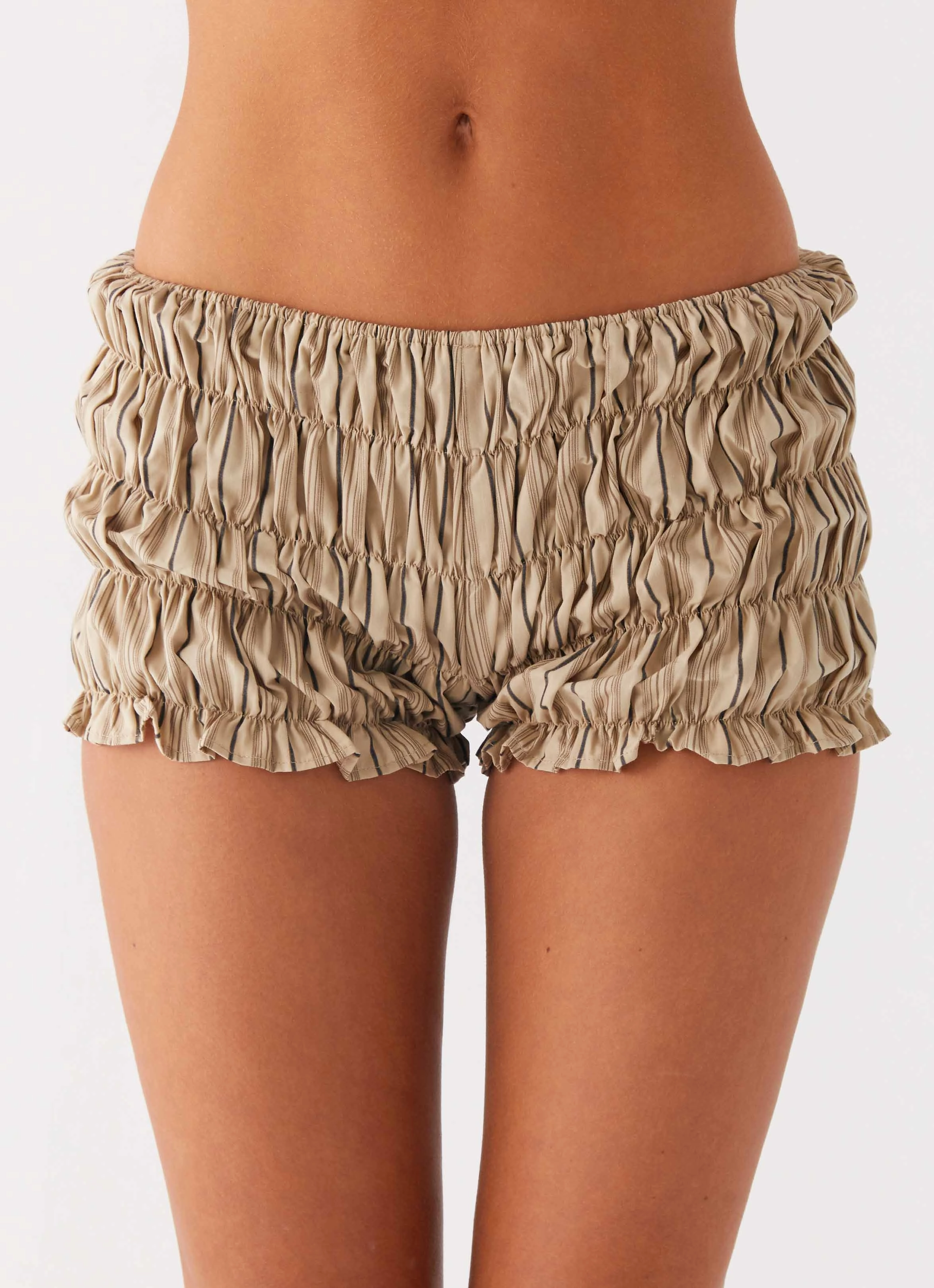 Girls Like Us Ruched Mini Shorts - Oatmeal Stripe Comfortable Fit Look Barrel Waist