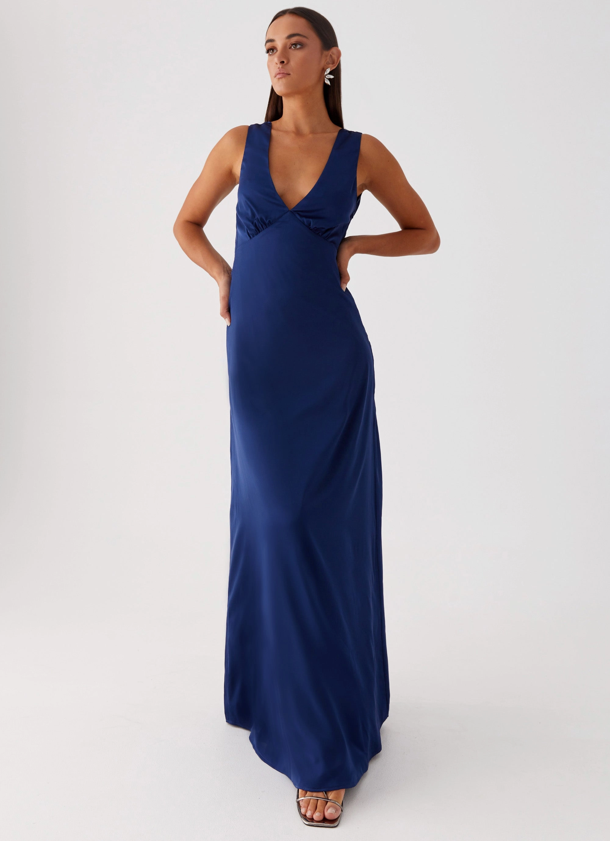 Collar Accent Elegant Layer Winnie Cowl Back Maxi Dress - Navy