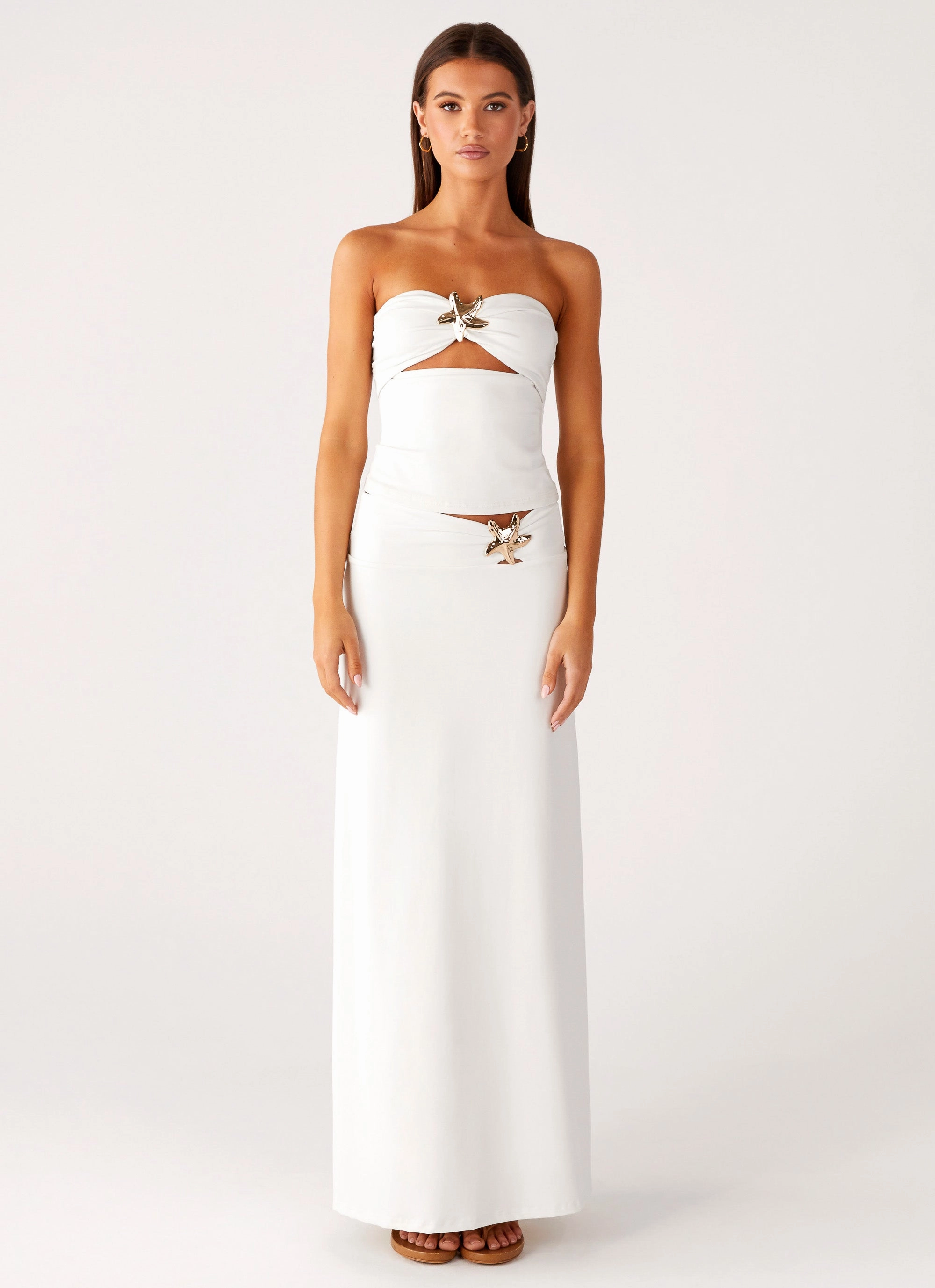 Fold Over Design Sequined Finish Shoreline Glow Maxi Skirt - Off White