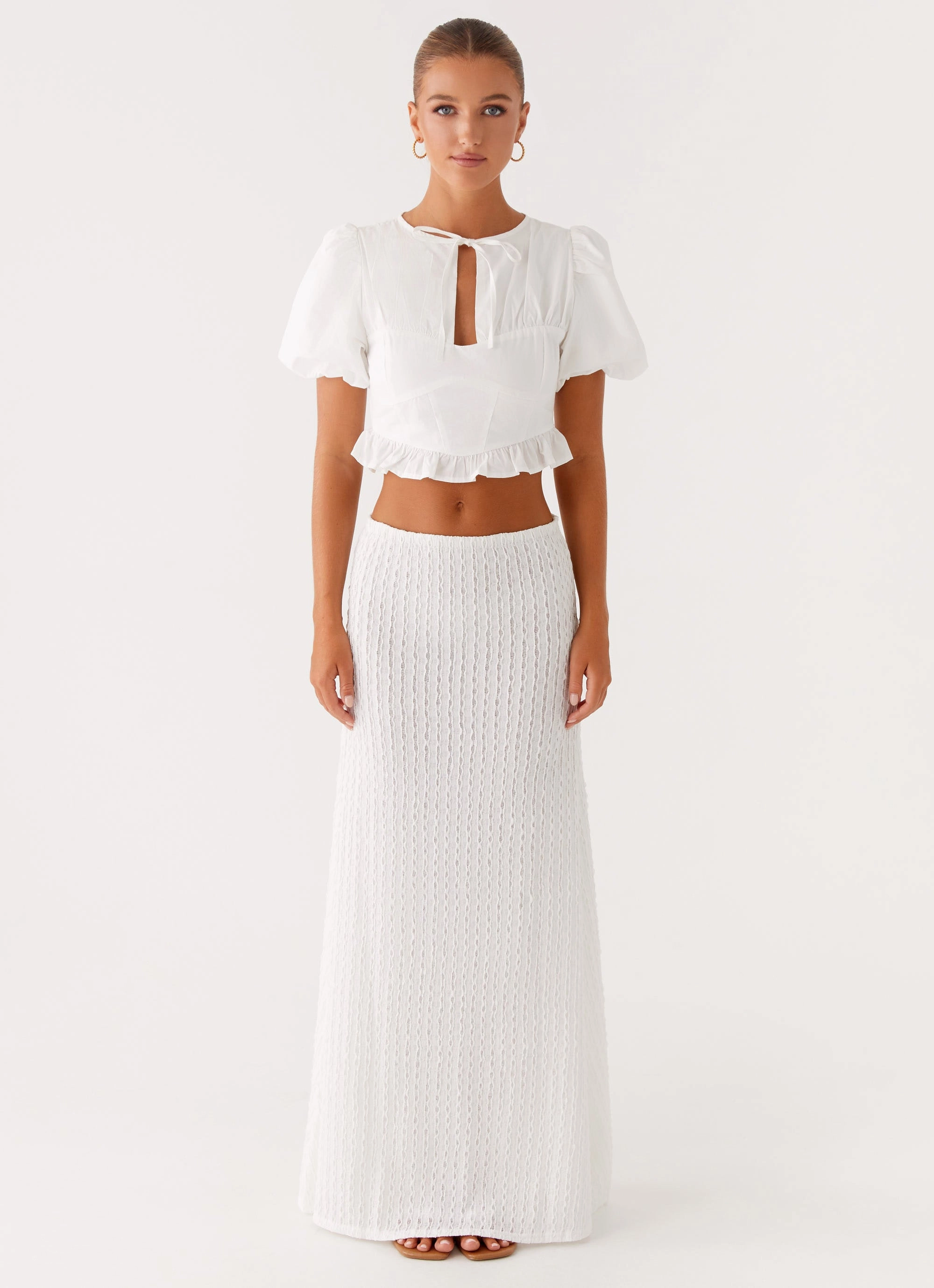 Megan Balloon Sleeve Top - White Overlock Edging Stylish T-shirt