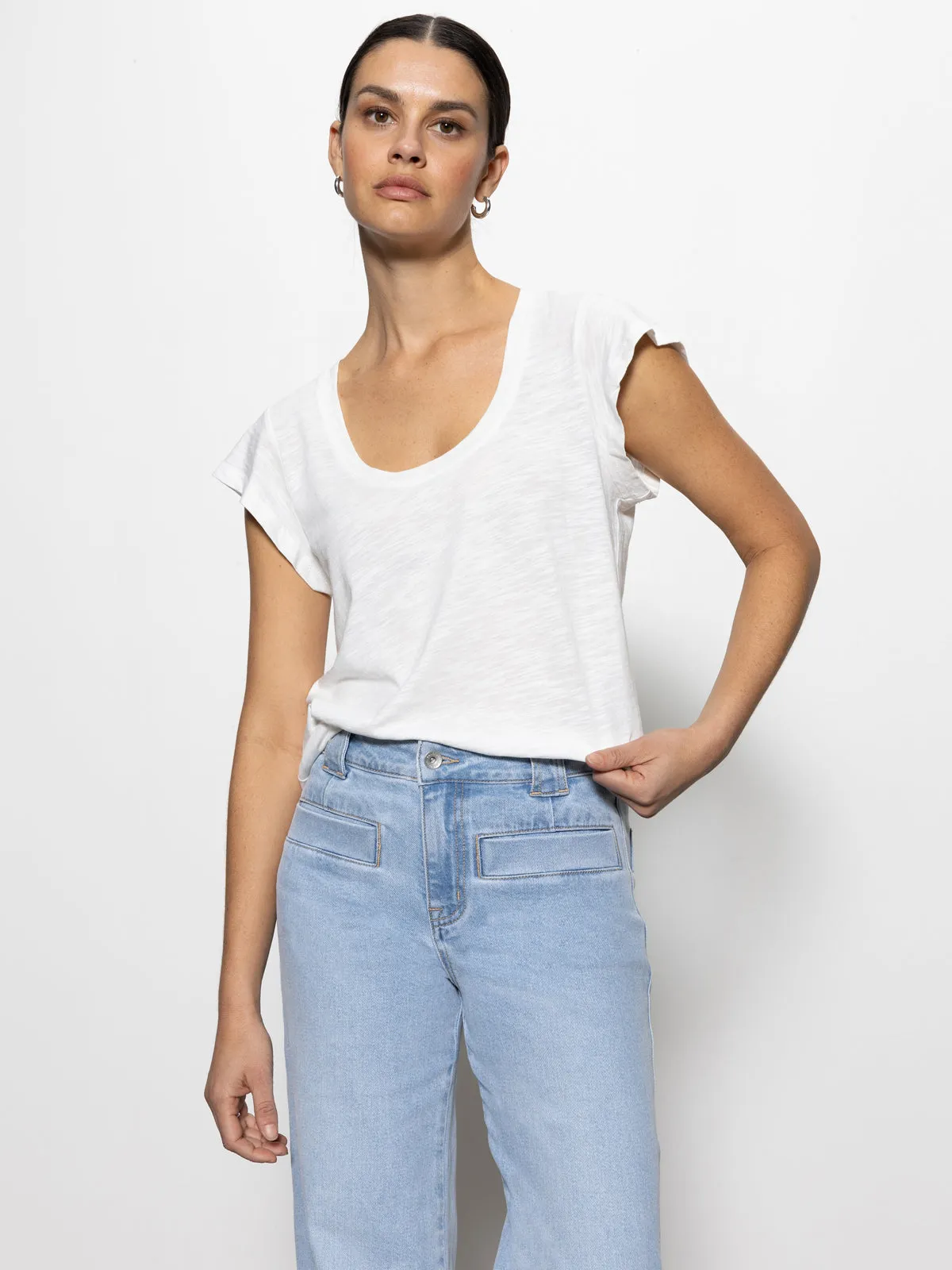 RibbedTexture Contrast Stitch West Side Tee White