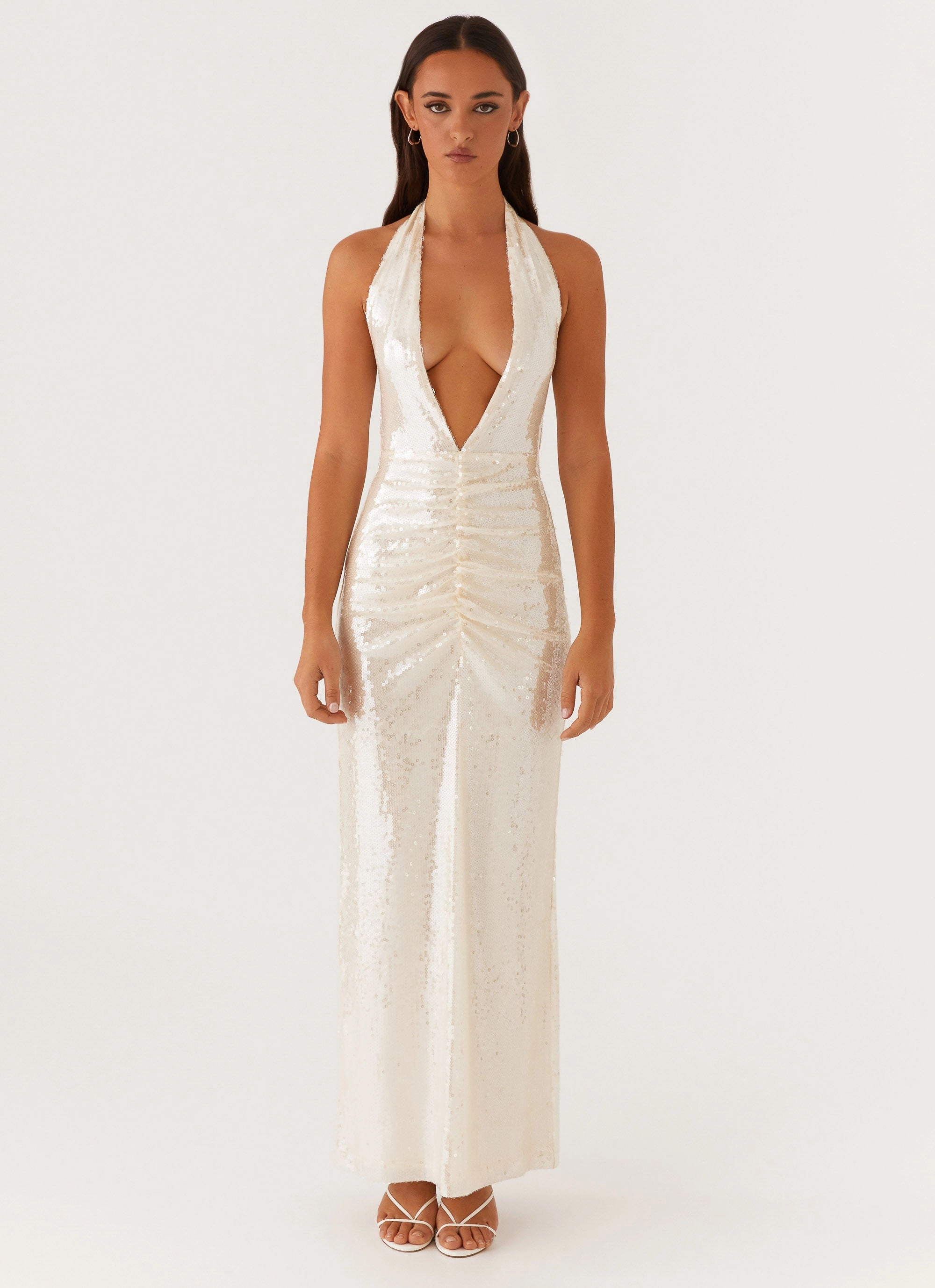 Whisked Away Halterneck Maxi Dress - White Sleek Flow Relax Piece