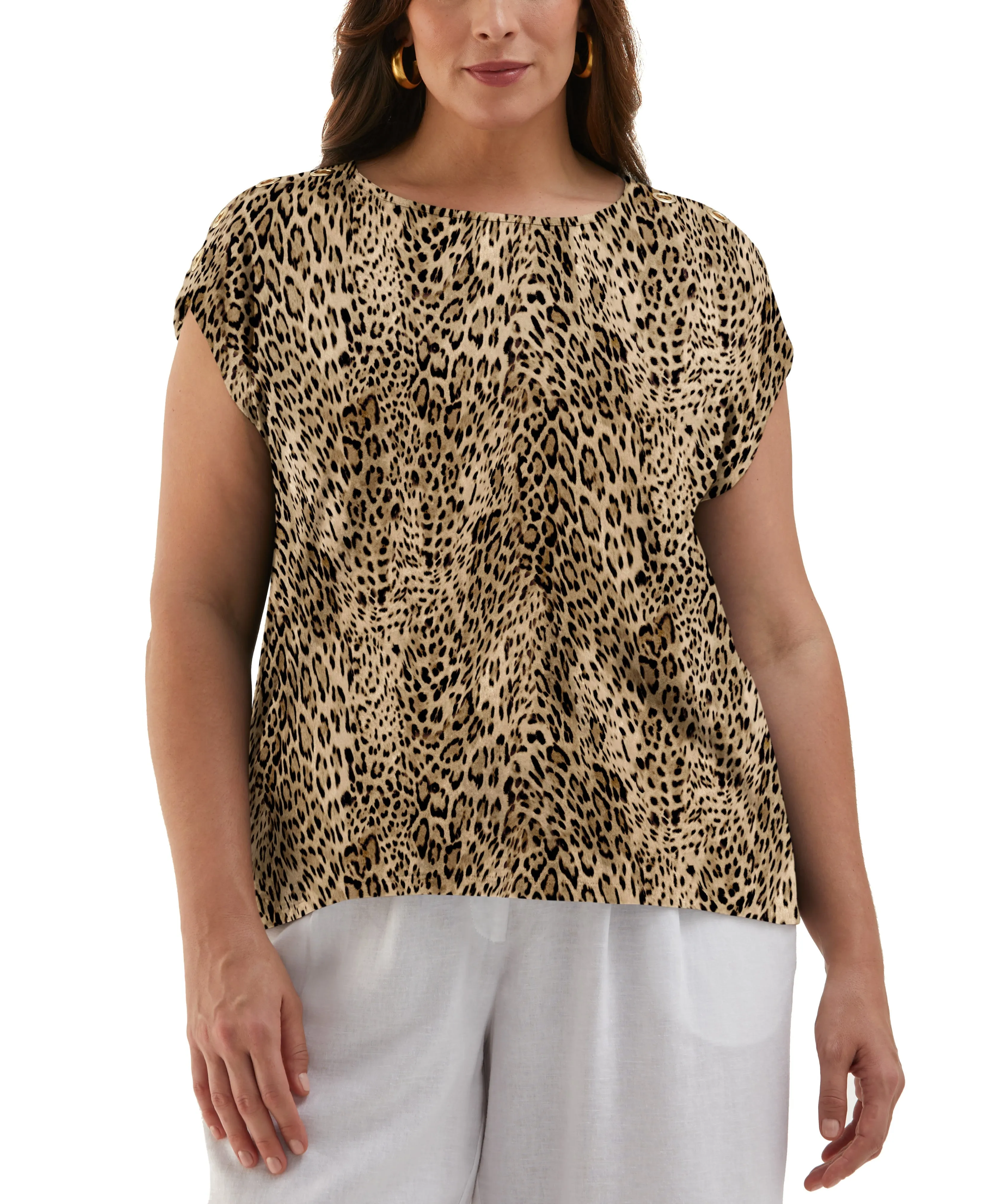 Resilient Fabric Blend Comfortable Design Plus Size Leopard Print Rivet Detail Tank Top