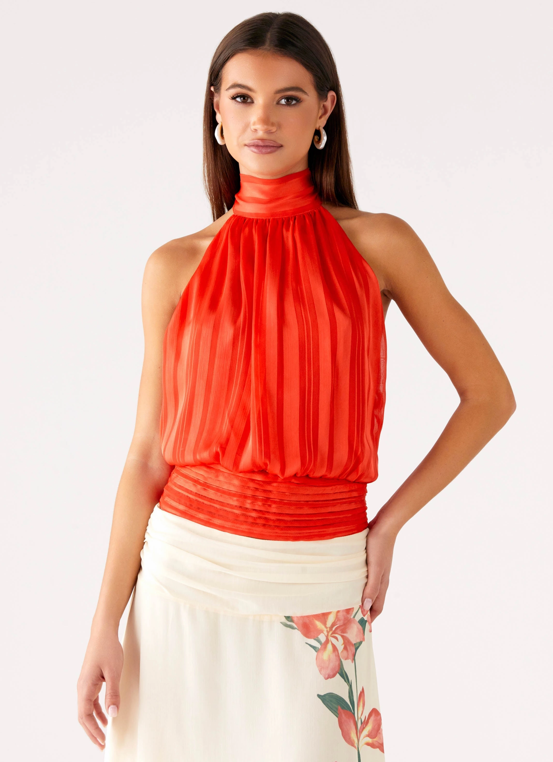 Recycled Polyester Material WideNeckOpening Willow Chiffon Top - Coral