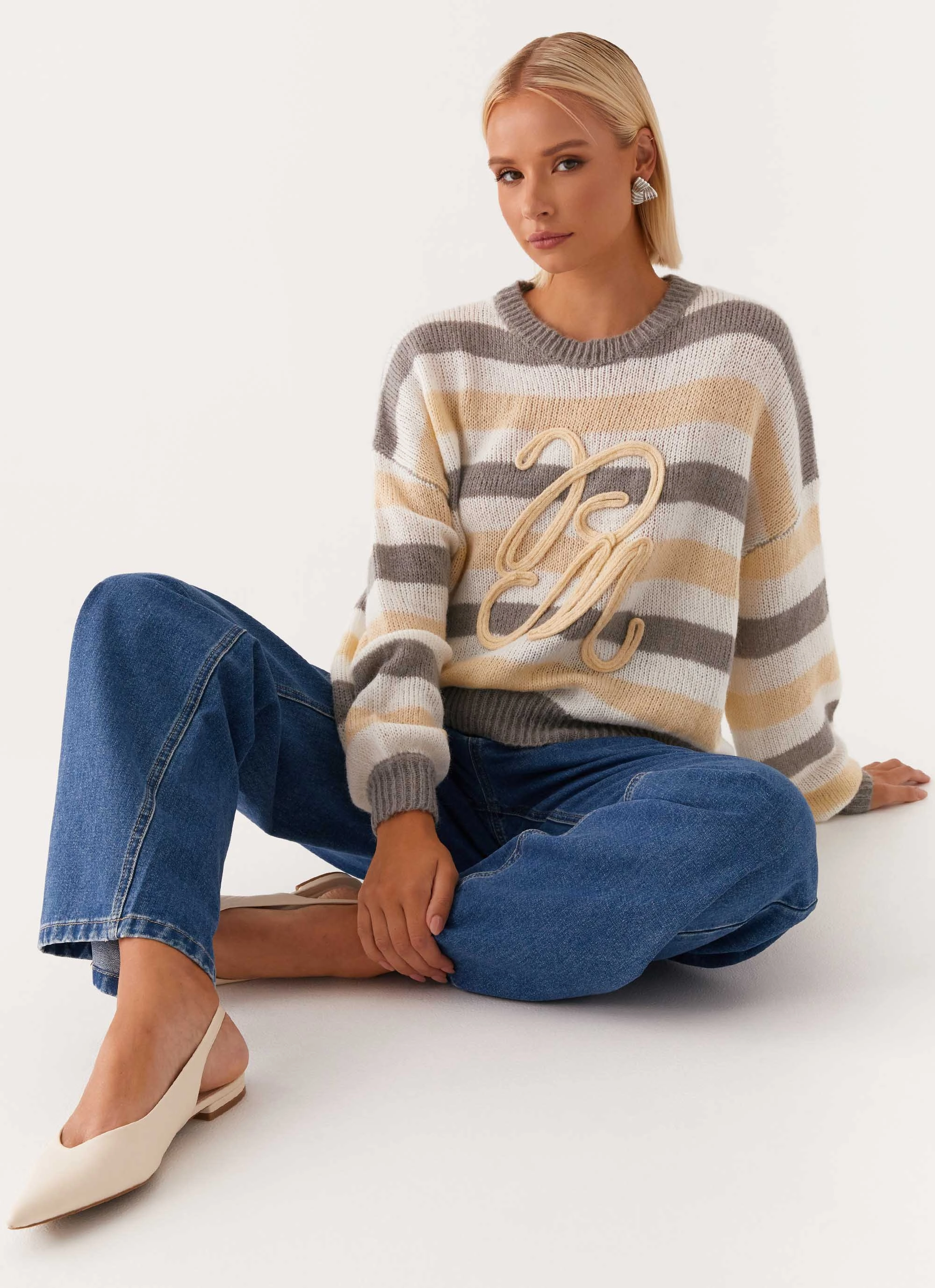 Main Character Oversized Knit Sweater - Stripe Soft Fleece Lining