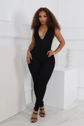 Winnie Ribbed Knit V neck Jumpsuit Flex Fit MoistureWickingFabric