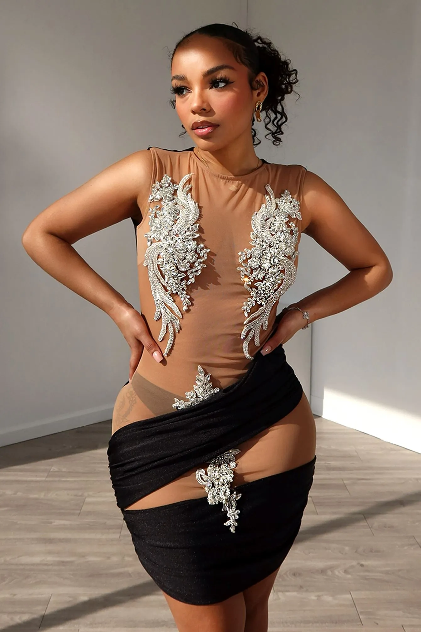 Chic Layer Lounge Favorite Cleo Mesh Contrast Jewel Sleeveless Dress