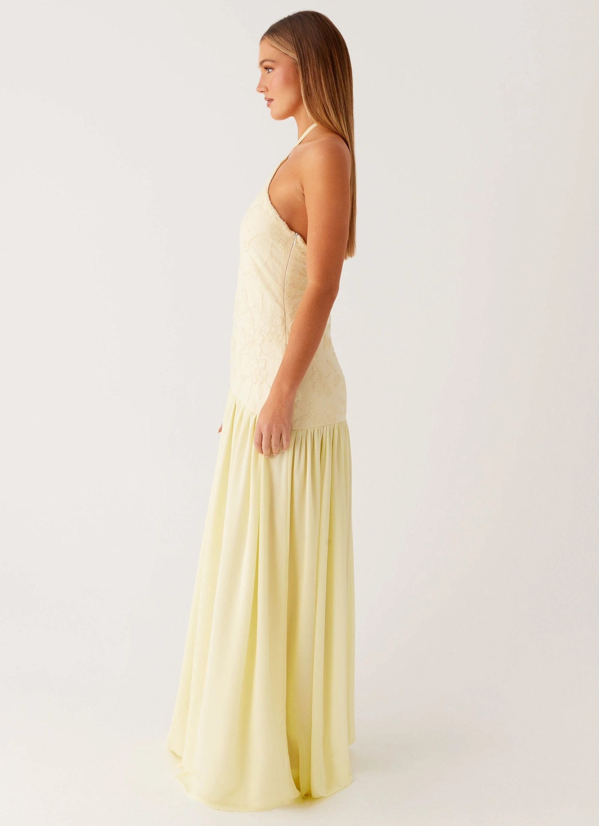 Soft Fabric Layered Fit Janelle Beaded Maxi Dress - Yellow