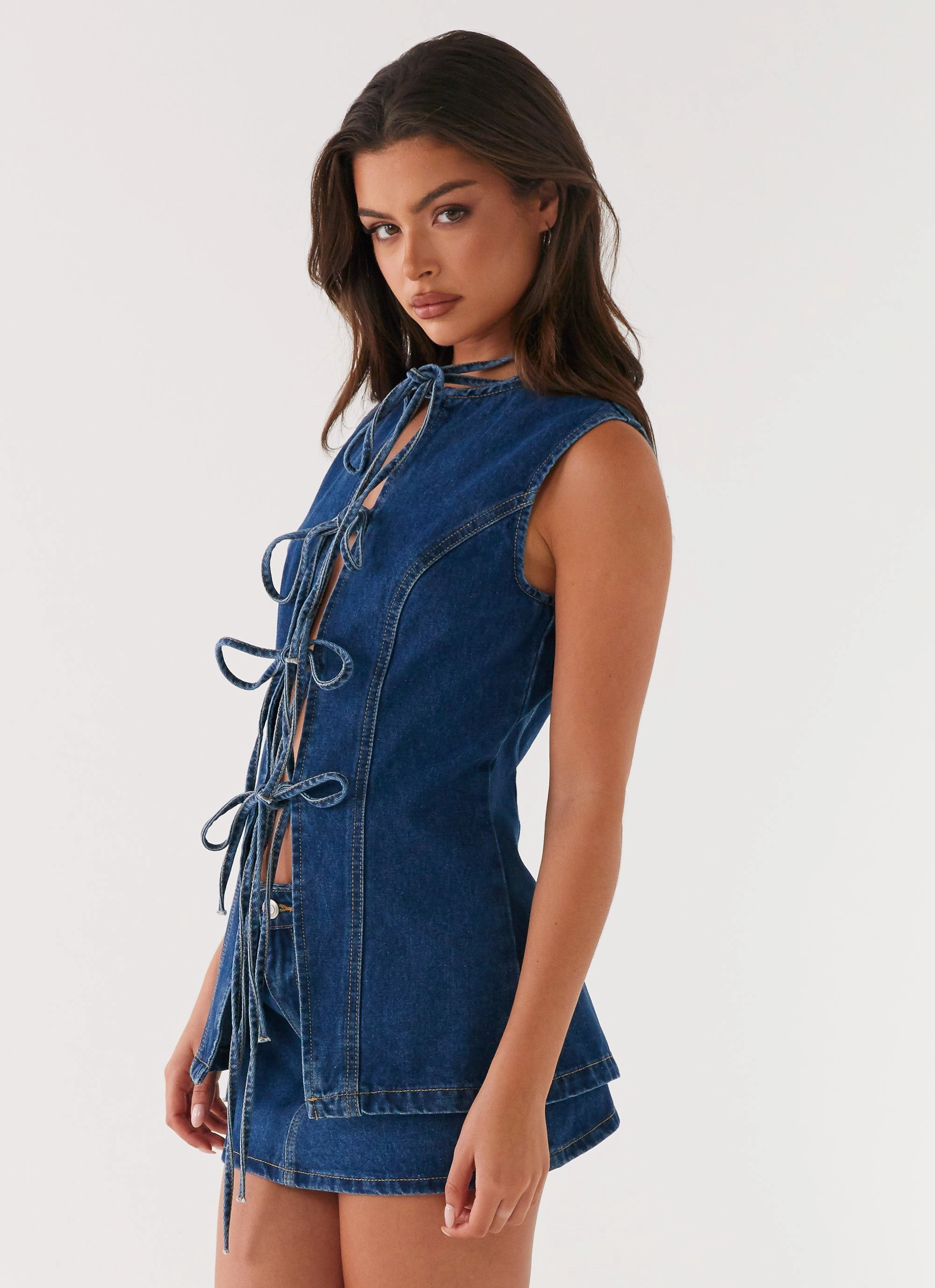 Wish You Luck Denim Top - Dark Blue Minimalist Stitching