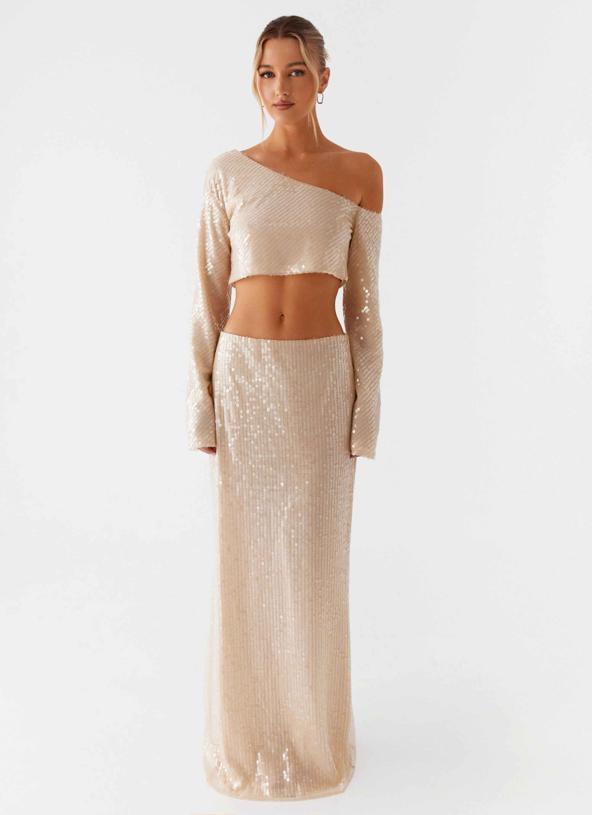 Breathable Comfort Gentle Flow Wisteria Low Rise Sequin Maxi Skirt - Champagne