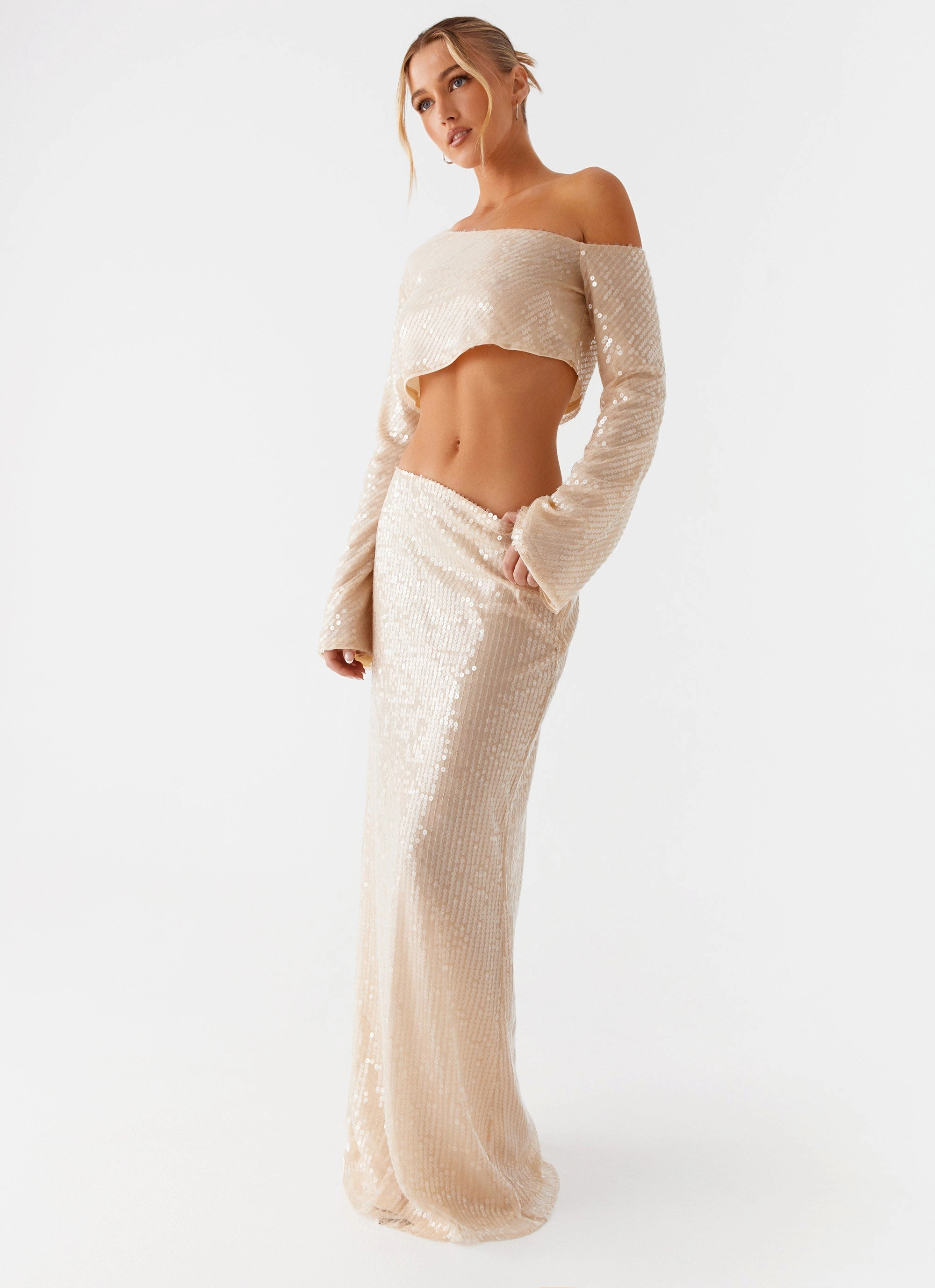 Wisteria Low Rise Sequin Maxi Skirt - Champagne Subtle Details