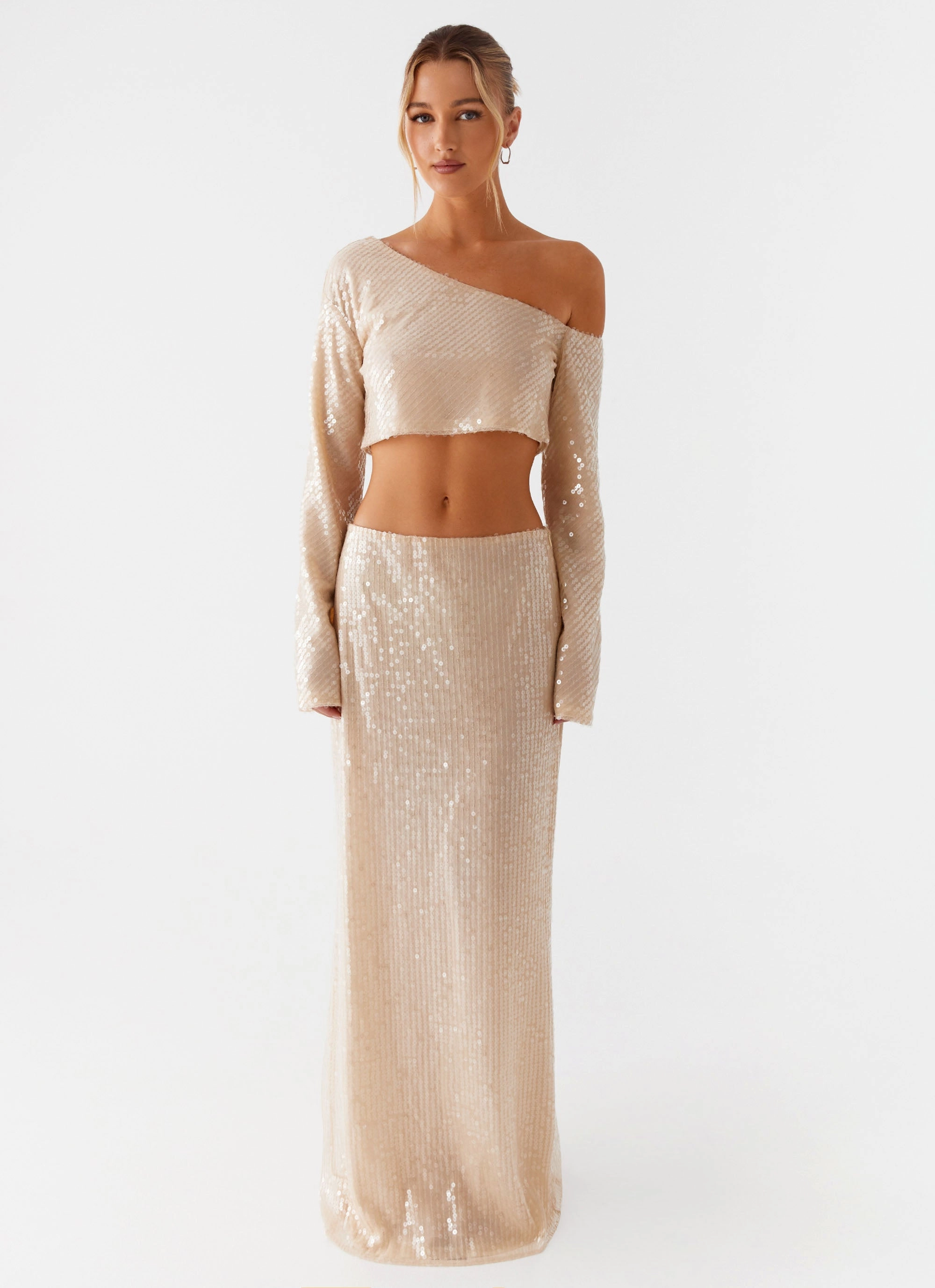 Refined Finish Affordable Fashion Wisteria Low Rise Sequin Maxi Skirt - Champagne