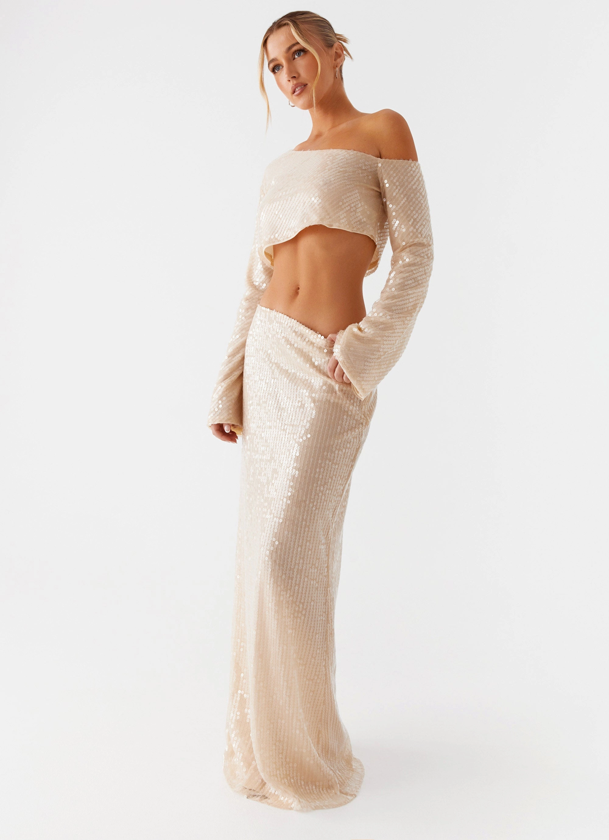 Wisteria Low Rise Sequin Maxi Skirt - Champagne Earth Tones