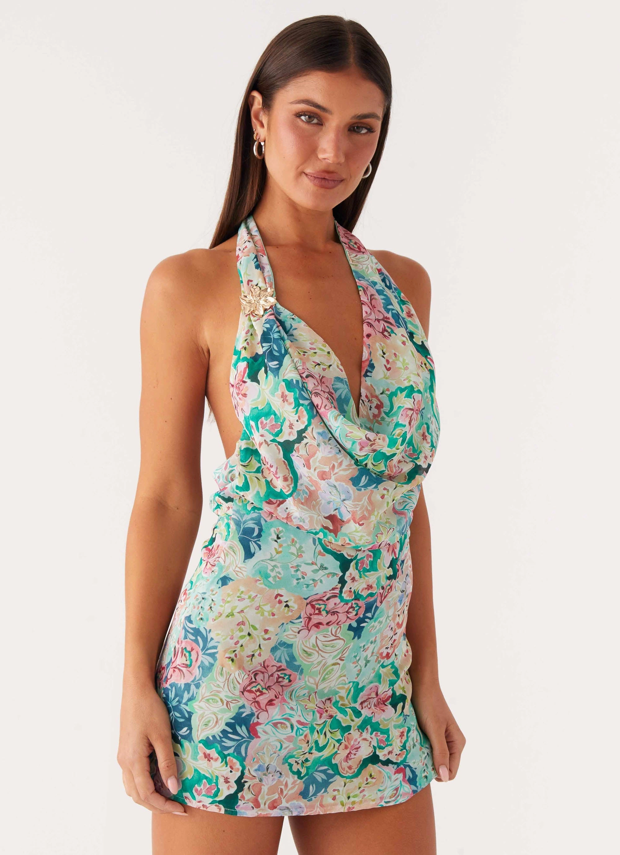 Laid-Back Cowl Mini Dress - Santorini Floral Bright Appeal Autumn Look