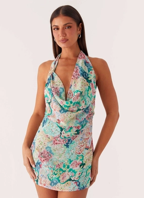 Kimono-Sleeve Casual Wear Laid-Back Cowl Mini Dress - Santorini Floral