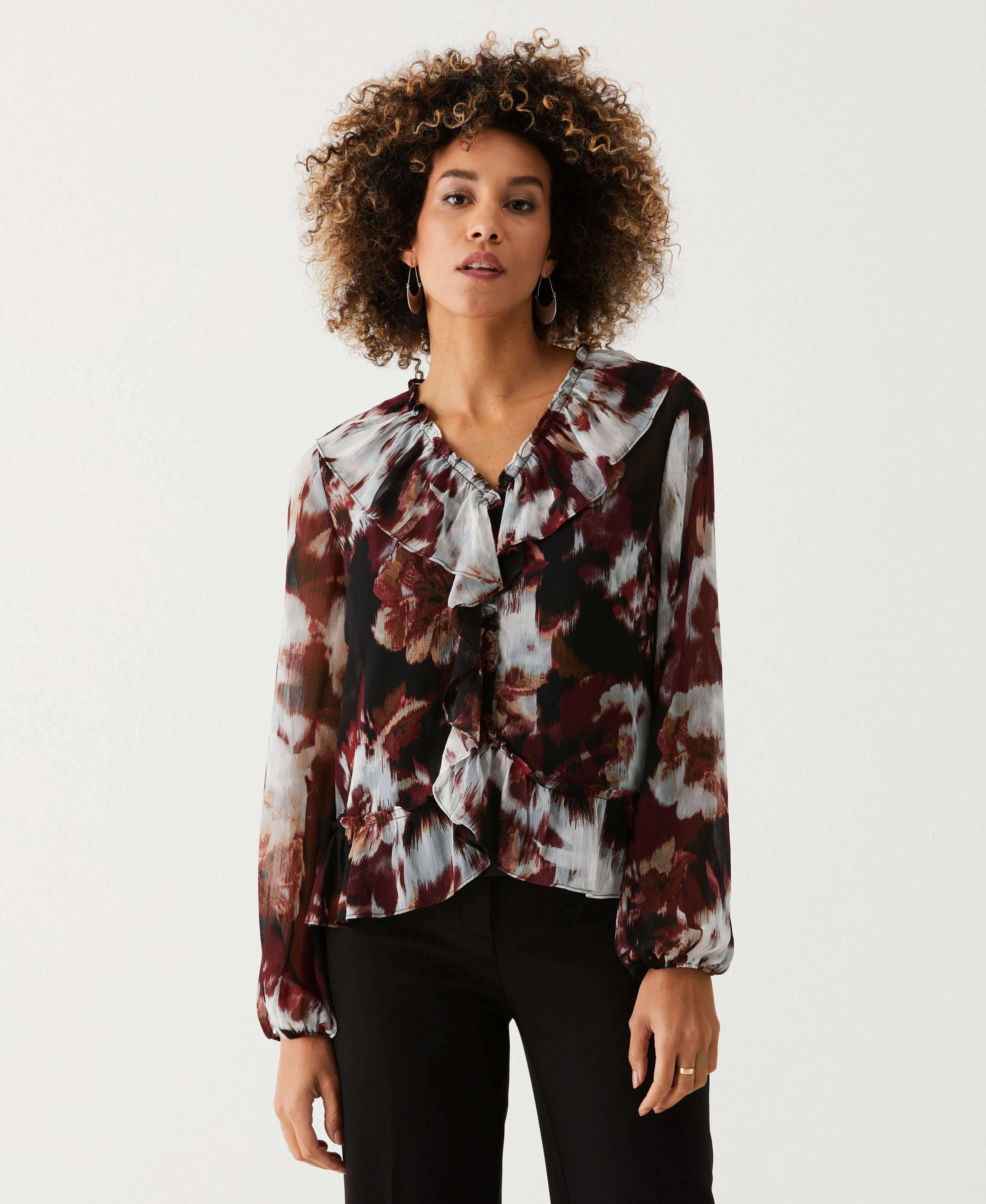 Trendy Cardigan AntiStaticInnerLining Petite Printed V-Neck Ruffle Blouse