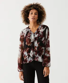 Warm Hoodie Petite Printed V-Neck Ruffle Blouse